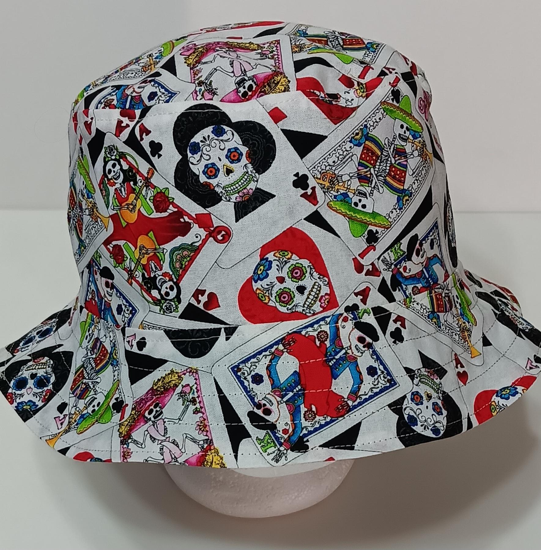 Sugar Skulls Day of the Dead Bucket Hat, Playing Cards, Reversible, Sizes S-XXL, summer hat, fishing hat, ponytail sun hat, floppy hat, calaveras, Día de los Muertos