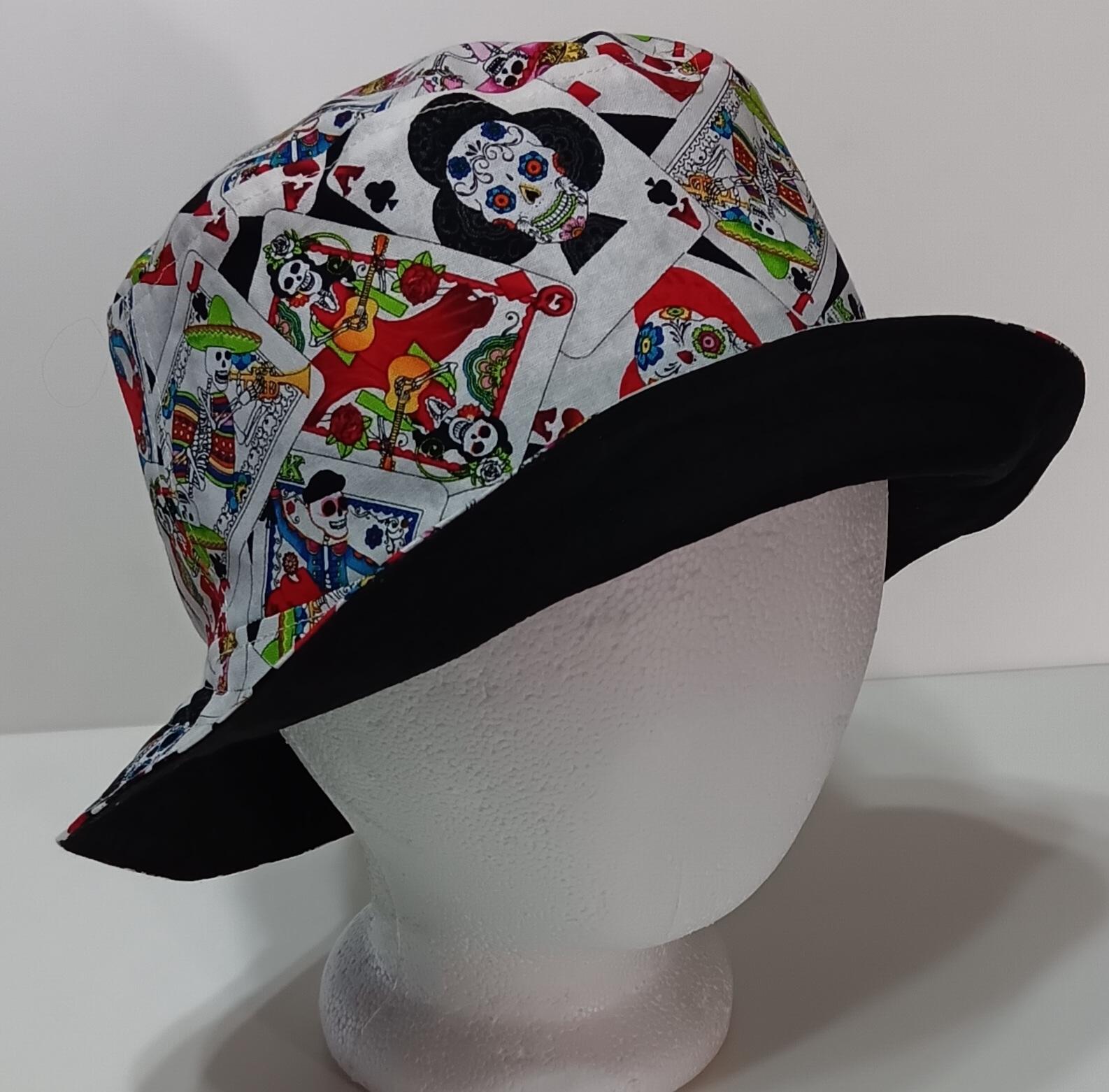 Sugar Skulls Day of the Dead Bucket Hat, Playing Cards, Reversible, Sizes S-L, summer hat, fishing hat, ponytail sun hat, floppy hat, calaveras, Día de los Muertos