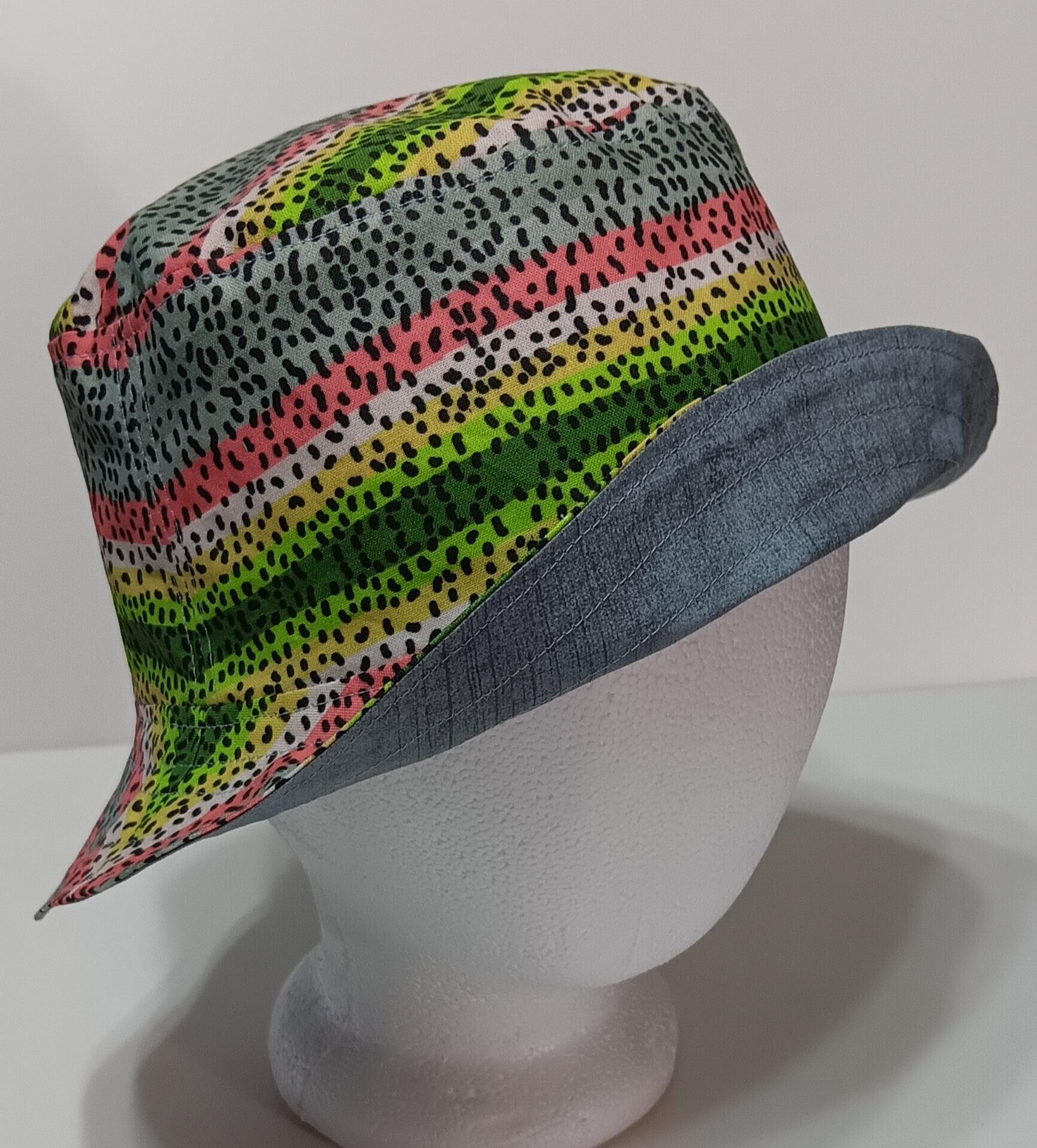 Trout Fishing Theme Bucket Hat, Fly Fishing, Reversible, Sizes S-XXL, summer hat, fishing hat, ponytail hat, sun hat, floppy hat