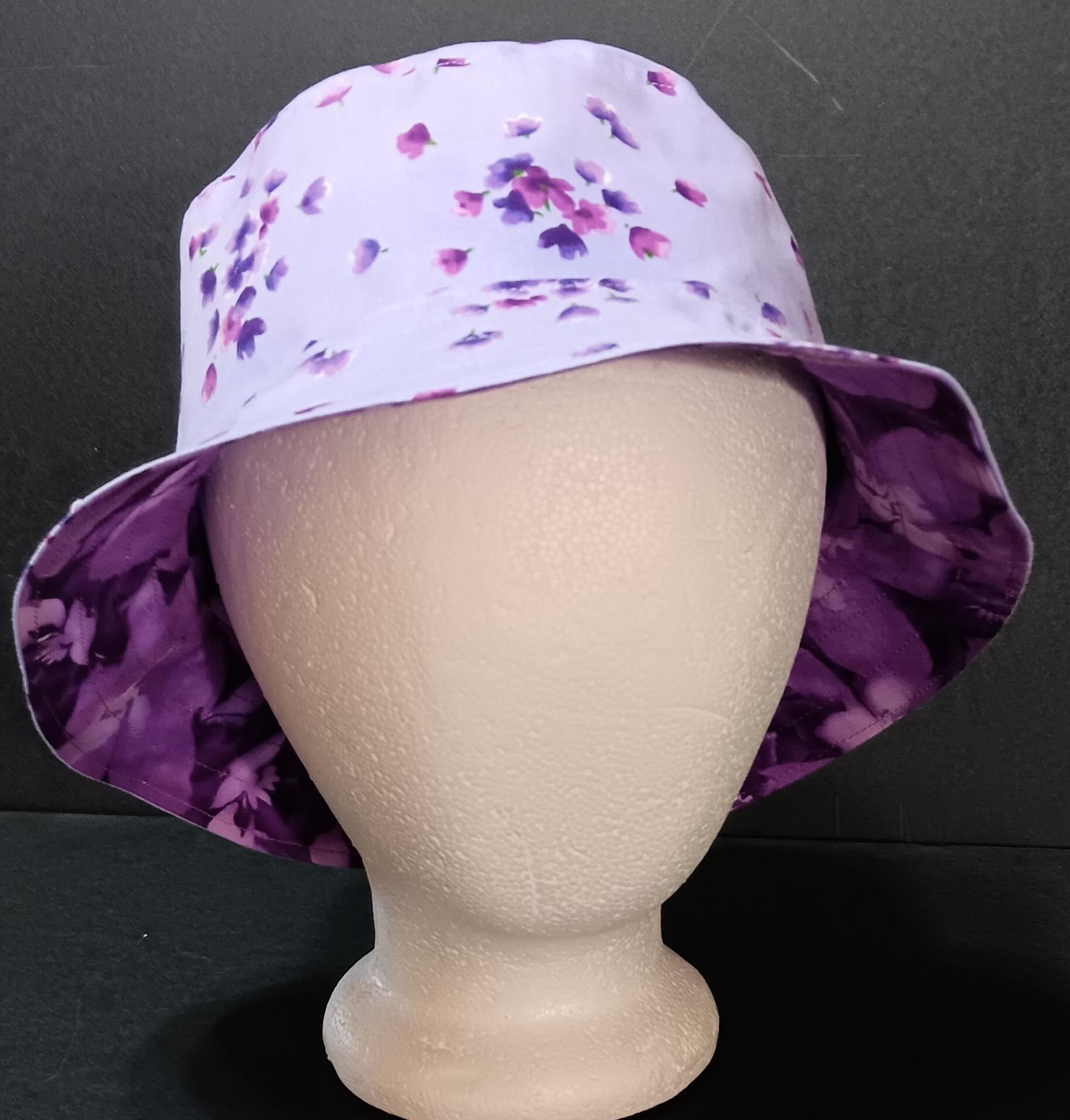 Purple Floral Bucket Hat, Reversible, Purple Flowers,  Sizes up to 4XL, Cotton, Gift for Her, Tropical, Ponytail Hat, Floppy Hat, Travel Hat