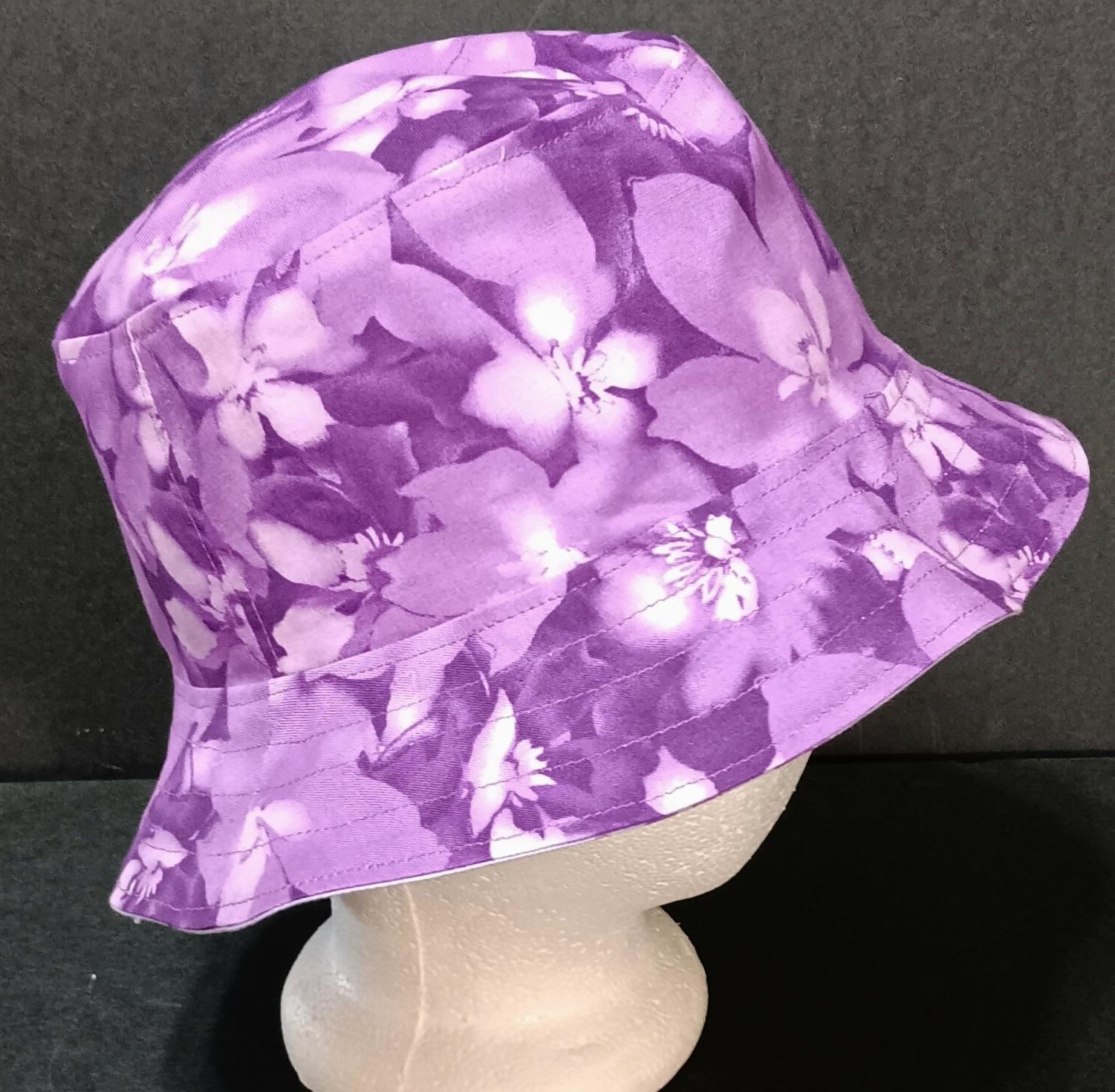 Purple Floral Bucket Hat, Reversible, Purple Flowers,  Sizes up to 4XL, Cotton, Gift for Her, Tropical, Ponytail Hat, Floppy Hat, Travel Hat