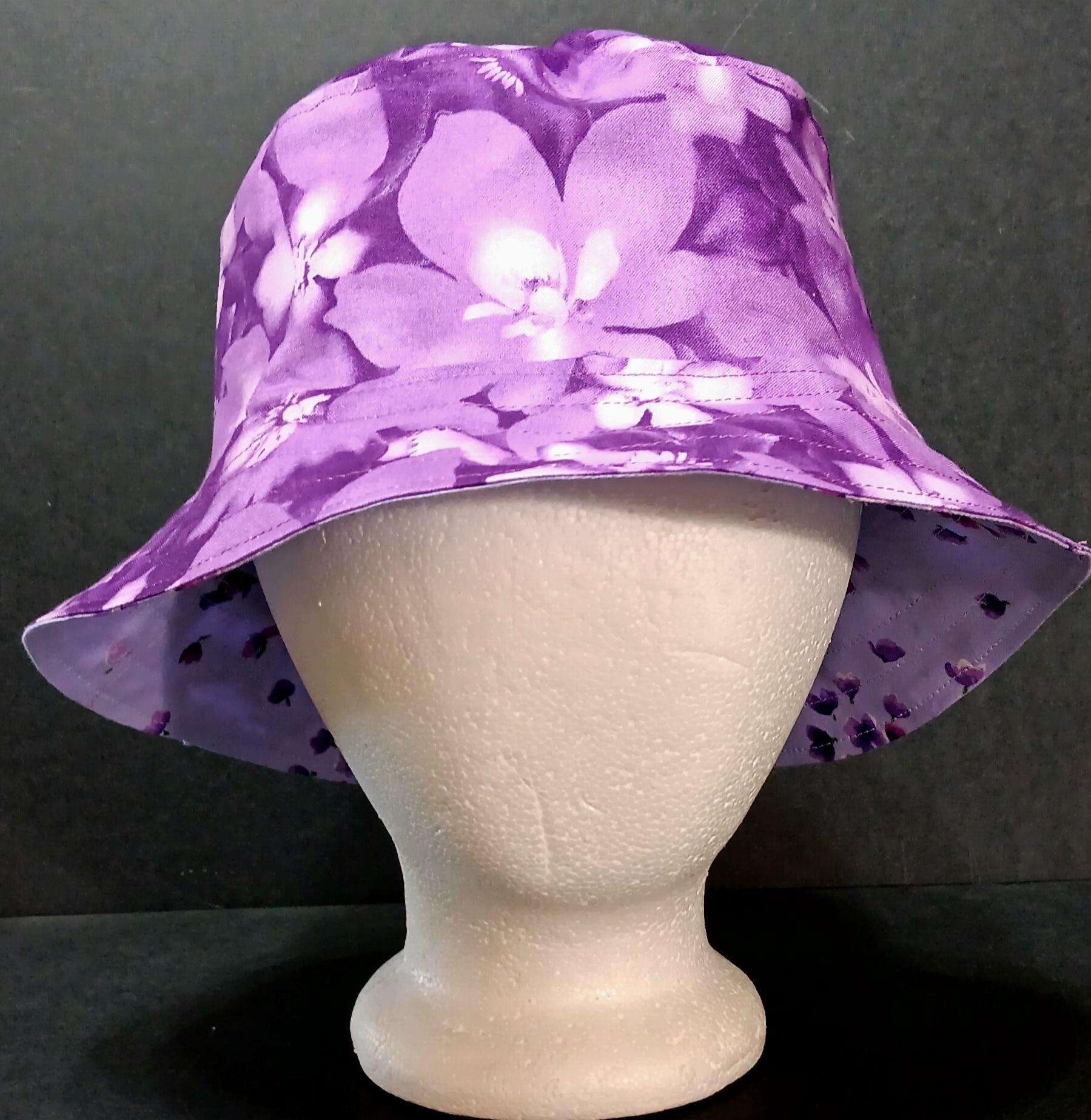 Purple Floral Bucket Hat, Reversible, Purple Flowers,  Sizes up to 4XL, Cotton, Gift for Her, Tropical, Ponytail Hat, Floppy Hat, Travel Hat