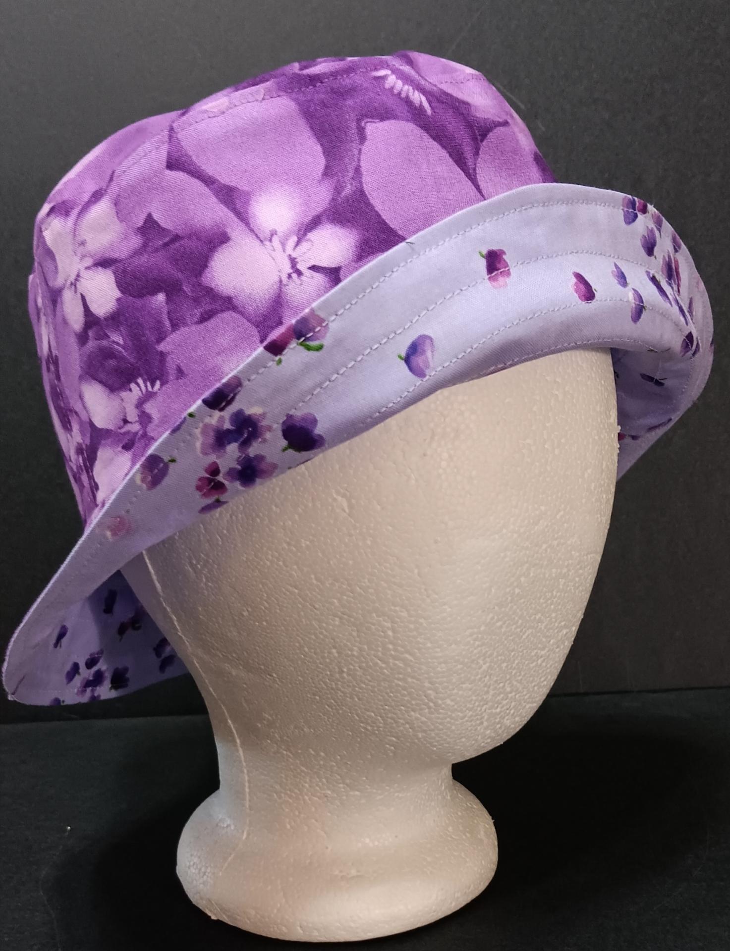 Purple Floral Bucket Hat, Reversible, Purple Flowers,  Sizes up to 4XL, Cotton, Gift for Her, Tropical, Ponytail Hat, Floppy Hat, Travel Hat