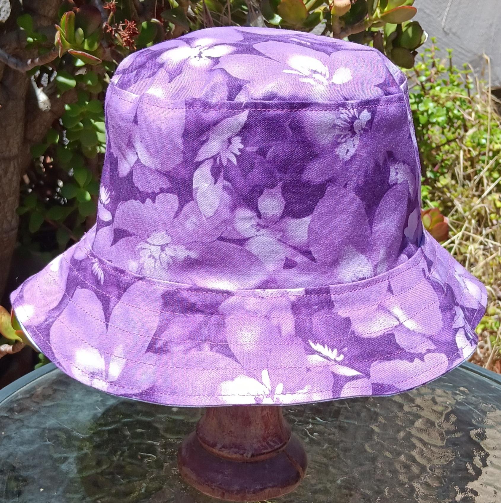 Purple Floral Bucket Hat, Reversible, Purple Flowers,  Sizes up to 4XL, Cotton, Gift for Her, Tropical, Ponytail Hat, Floppy Hat, Travel Hat