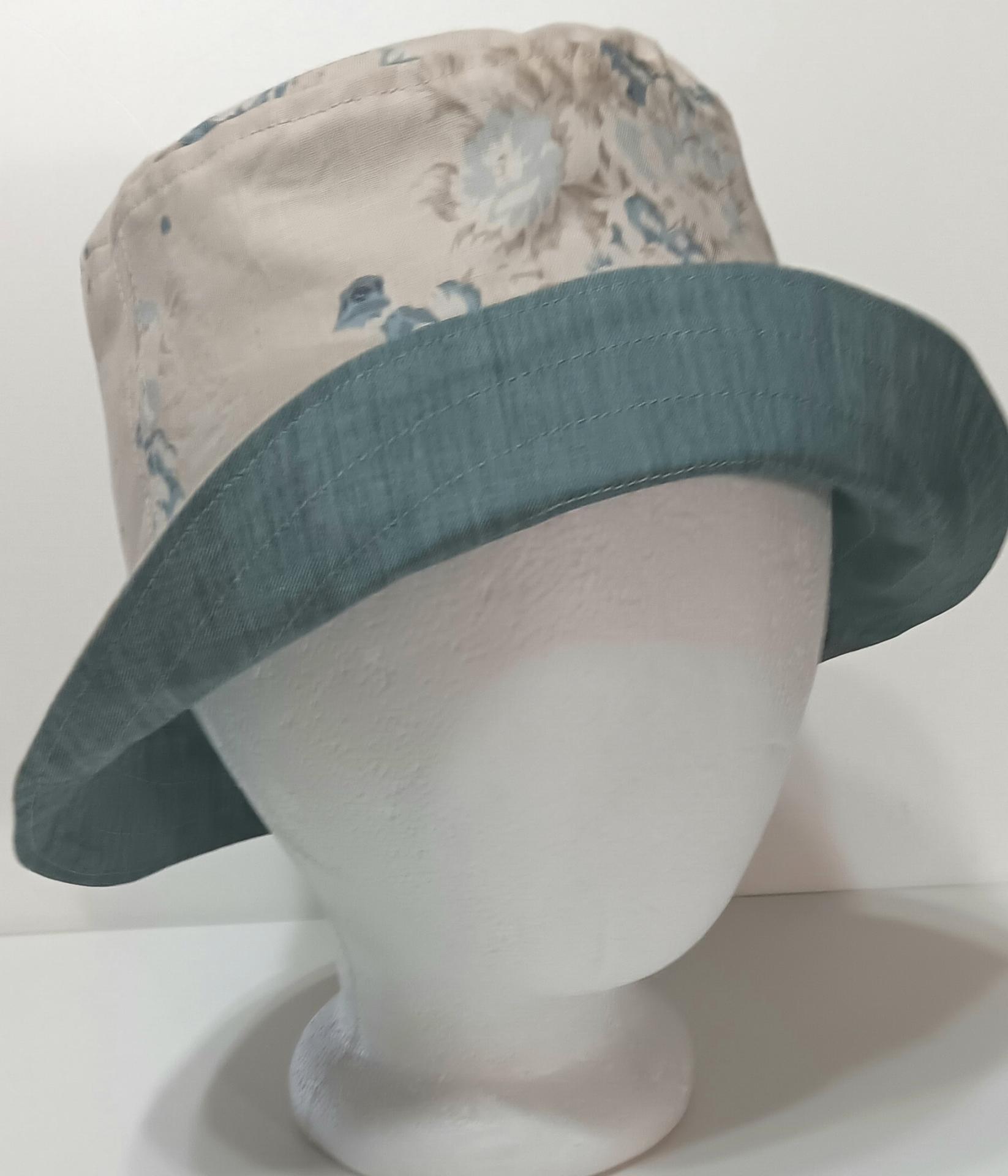 Reversible Blue & Beige Floral Bucket Hat, neutral color, S-XXL, floppy hat, gift for her, ponytail hat, sun hat