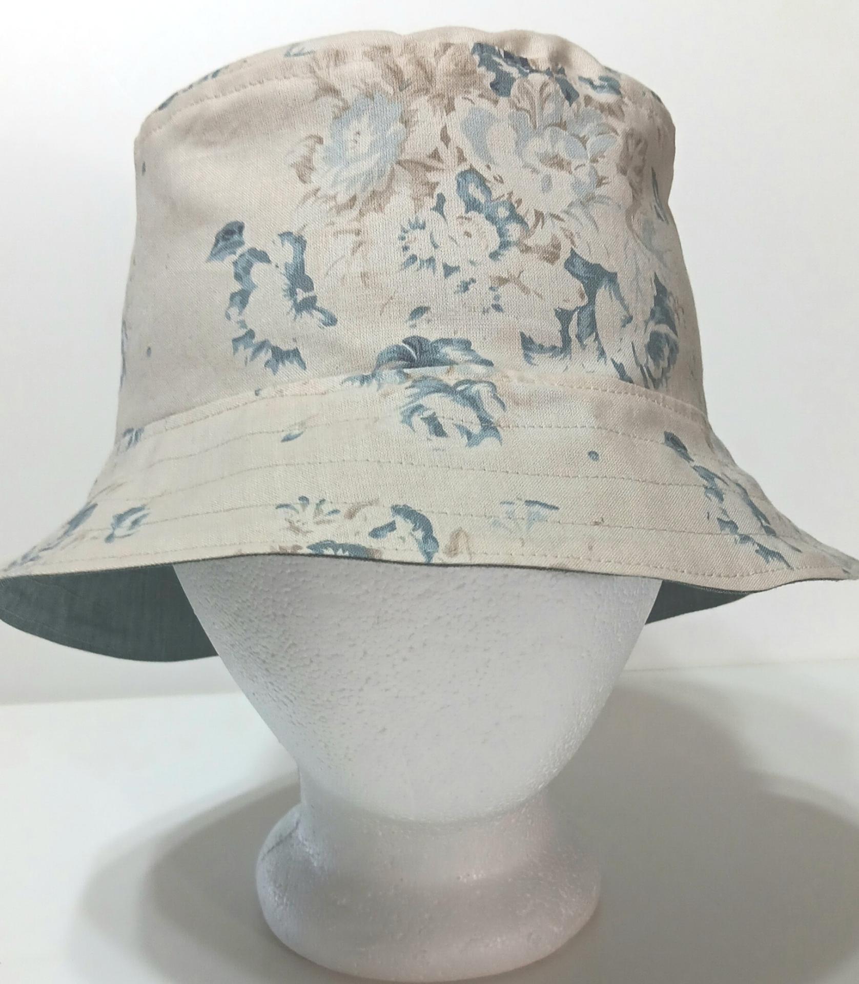 Reversible Blue & Beige Floral Bucket Hat, neutral color, S-XXL, floppy hat, gift for her, ponytail hat, sun hat