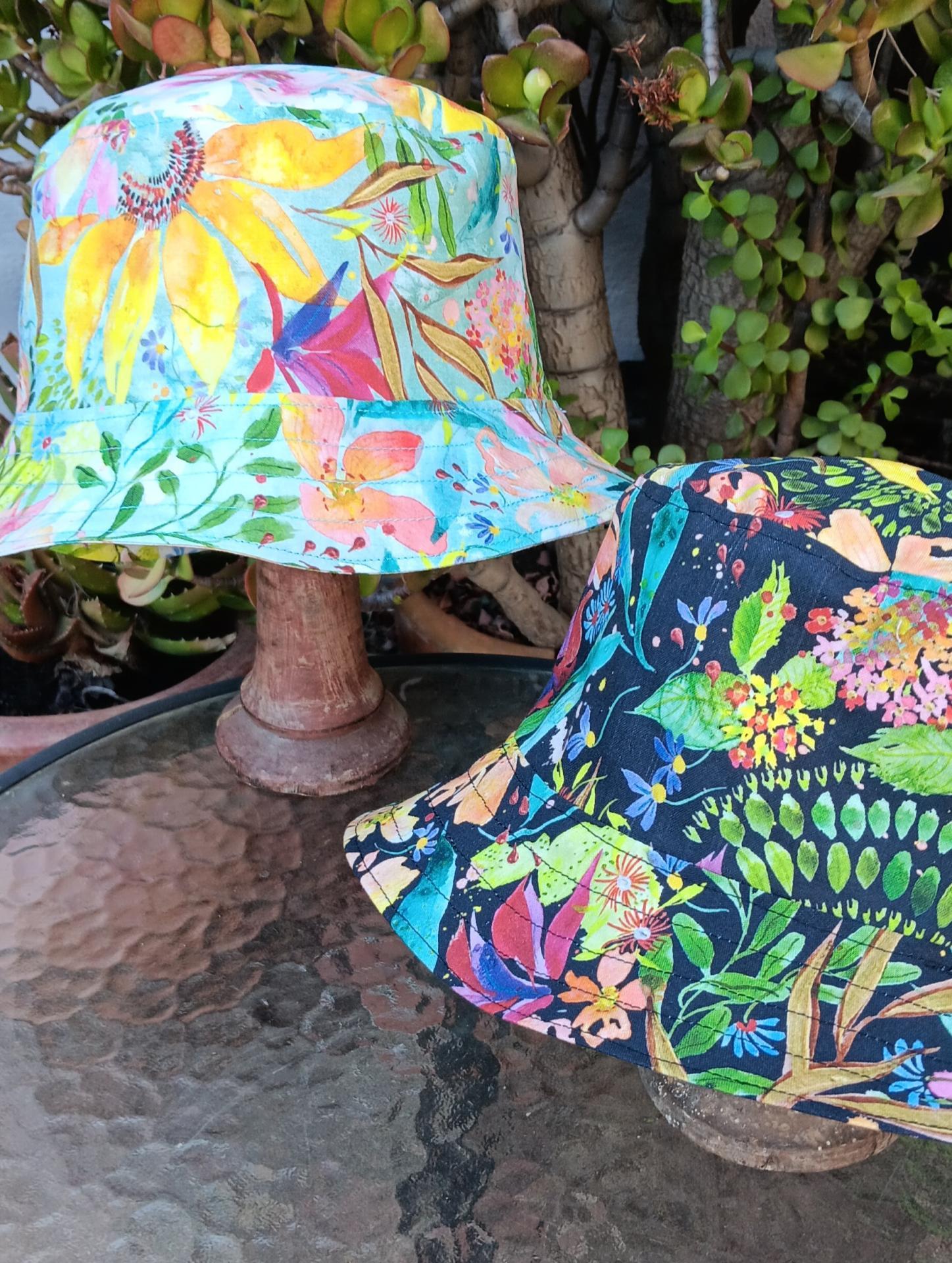 Aqua / Black Reversible Watercolor Floral Bucket Hat, S-XXL, Multicolor Summer Flowers, Sun Hat, Floppy Hat, Tropical Hat