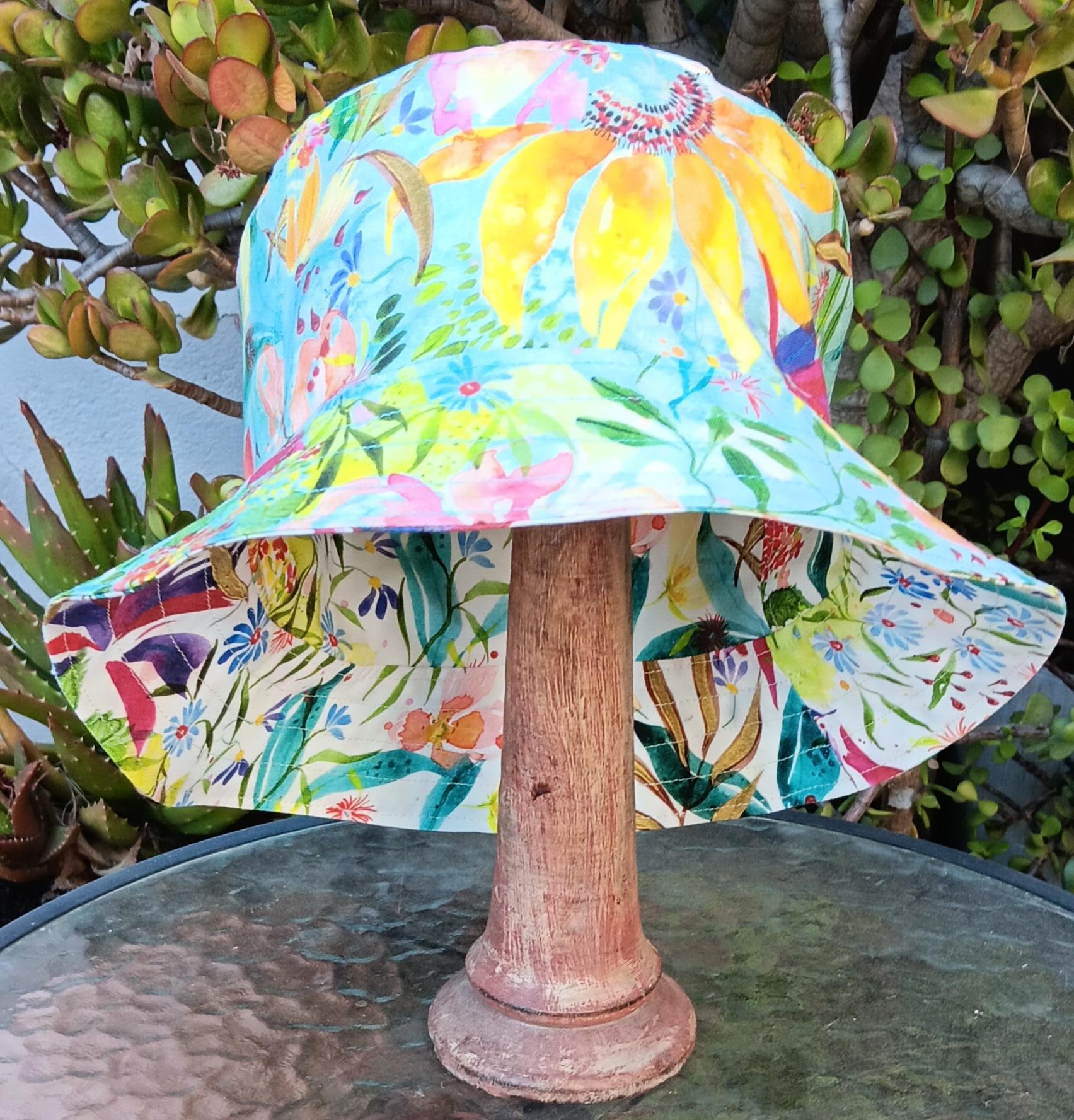 Aqua / White Reversible Watercolor Floral Bucket Hat, S-XXL, Multicolor Summer Flowers, Sun Hat, Floppy Hat, Tropical Hat