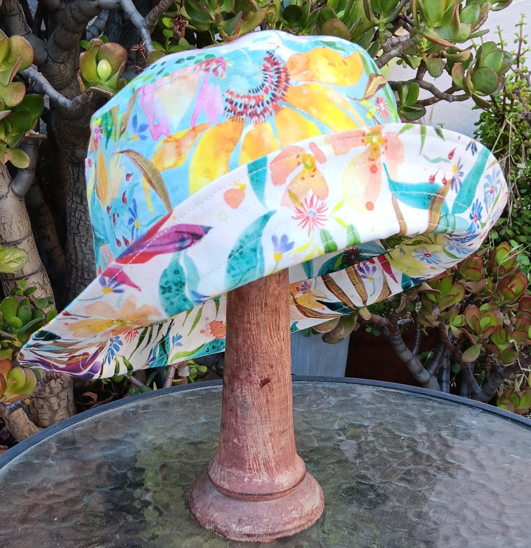 Aqua / White Reversible Watercolor Floral Bucket Hat, Sizes up to 4XL, Multicolor Summer Flowers, Sun Hat, Floppy Hat, Tropical Hat
