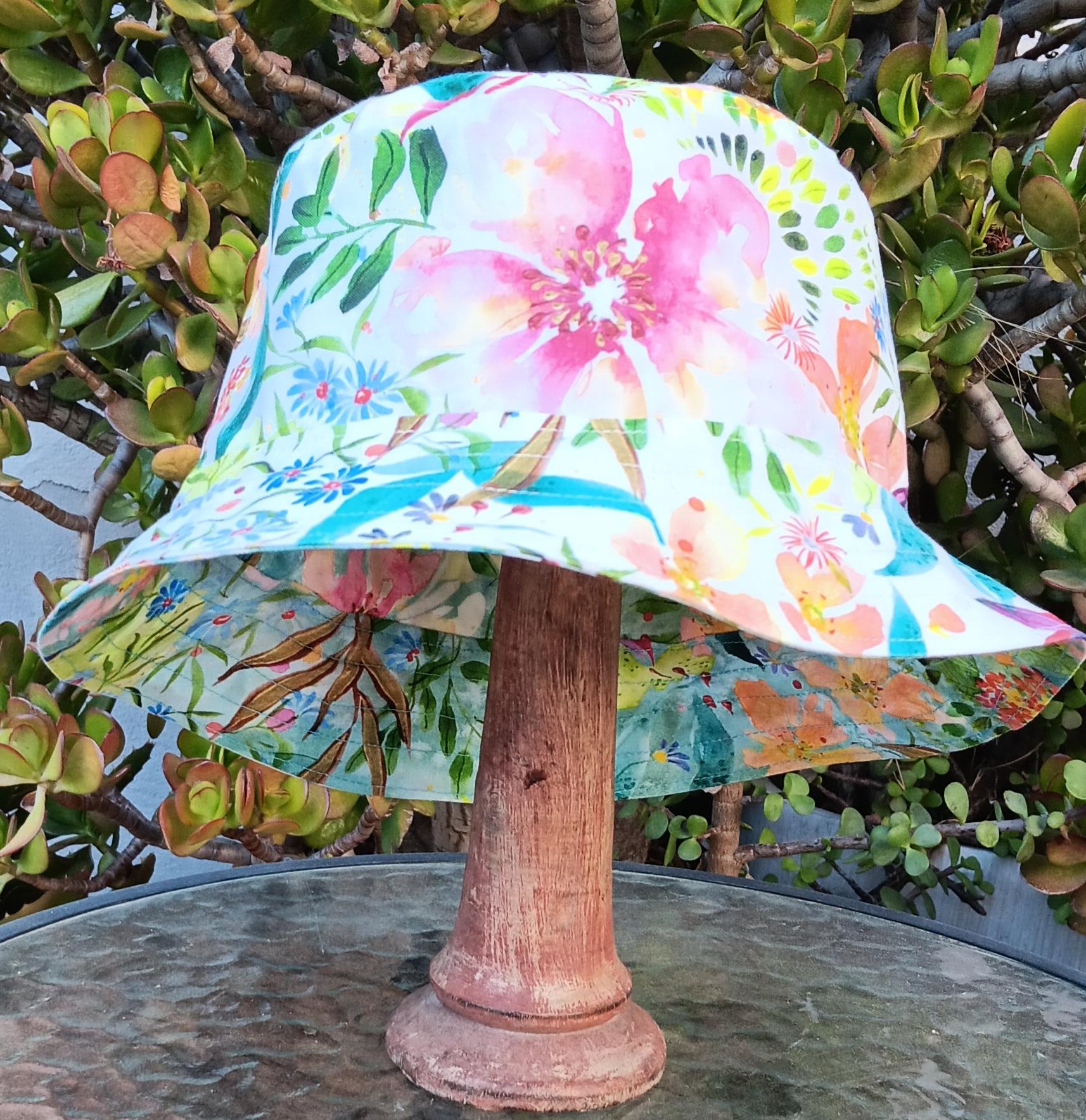 Aqua / White Reversible Watercolor Floral Bucket Hat, Sizes up to 4XL, Multicolor Summer Flowers, Sun Hat, Floppy Hat, Tropical Hat
