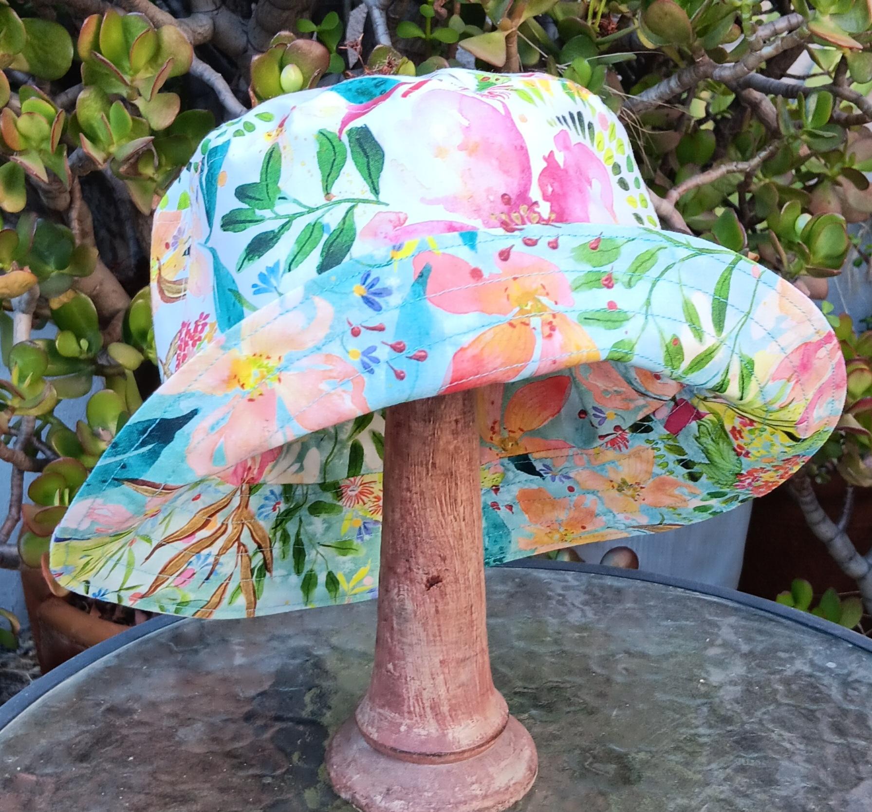 Aqua / White Reversible Watercolor Floral Bucket Hat, Sizes up to 4XL, Multicolor Summer Flowers, Sun Hat, Floppy Hat, Tropical Hat