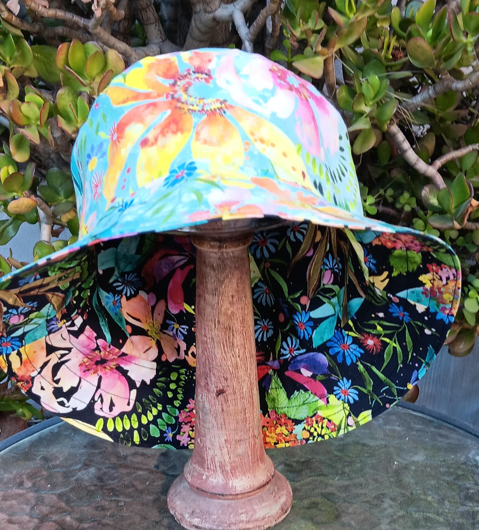Aqua / Black Reversible Watercolor Floral Bucket Hat, Sizes up to 4XL, Multicolor Summer Flowers, Sun Hat, Floppy Hat, Tropical Hat