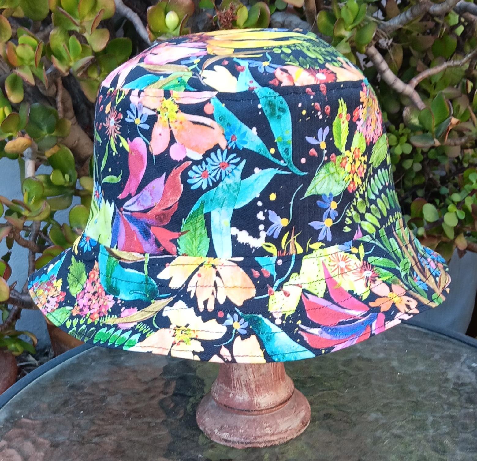 Aqua / Black Reversible Watercolor Floral Bucket Hat, Sizes up to 4XL, Multicolor Summer Flowers, Sun Hat, Floppy Hat, Tropical Hat