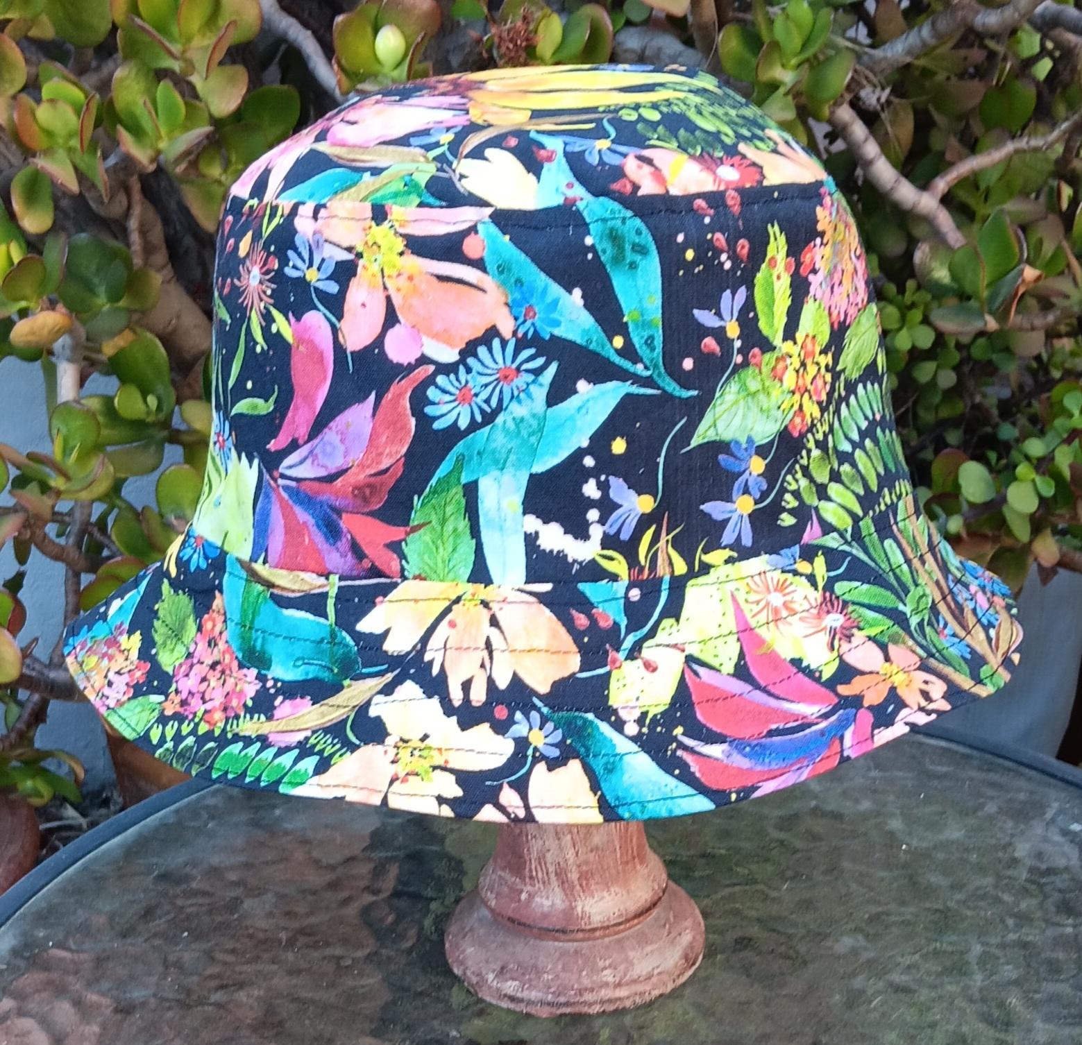 Aqua / Black Reversible Watercolor Floral Bucket Hat, S-XXL, Multicolor Summer Flowers, Sun Hat, Floppy Hat, Tropical Hat