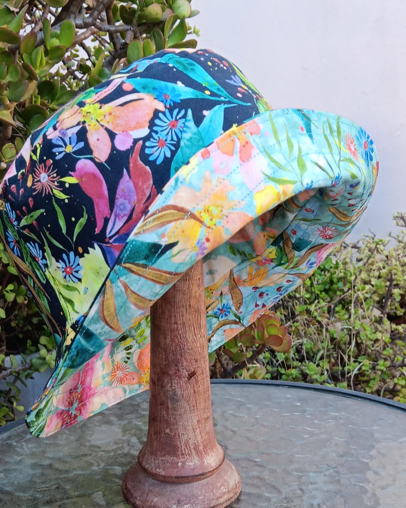 Aqua / Black Reversible Watercolor Floral Bucket Hat, Sizes up to 4XL, Multicolor Summer Flowers, Sun Hat, Floppy Hat, Tropical Hat
