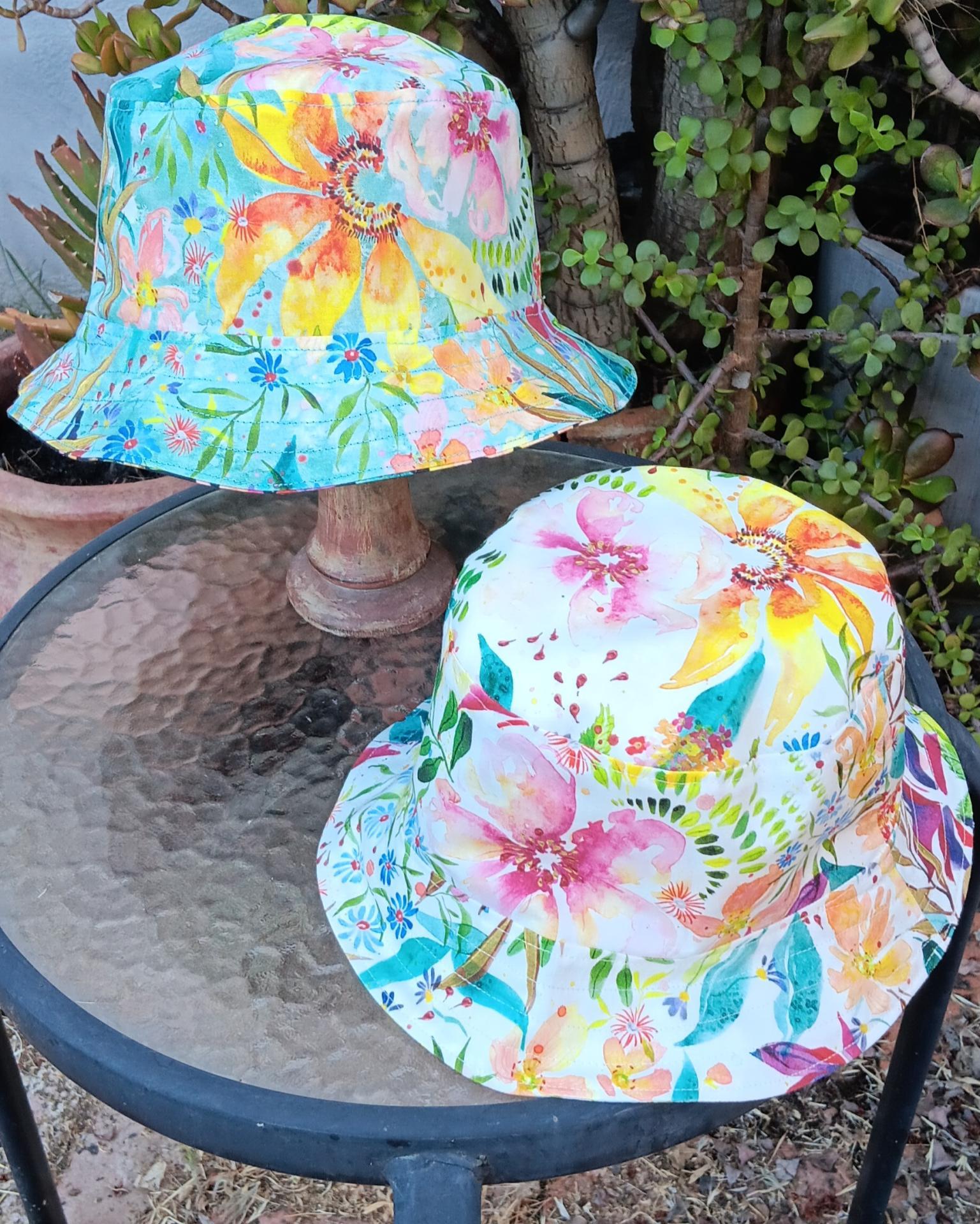 Aqua / White Reversible Watercolor Floral Bucket Hat, Sizes up to 4XL, Multicolor Summer Flowers, Sun Hat, Floppy Hat, Tropical Hat