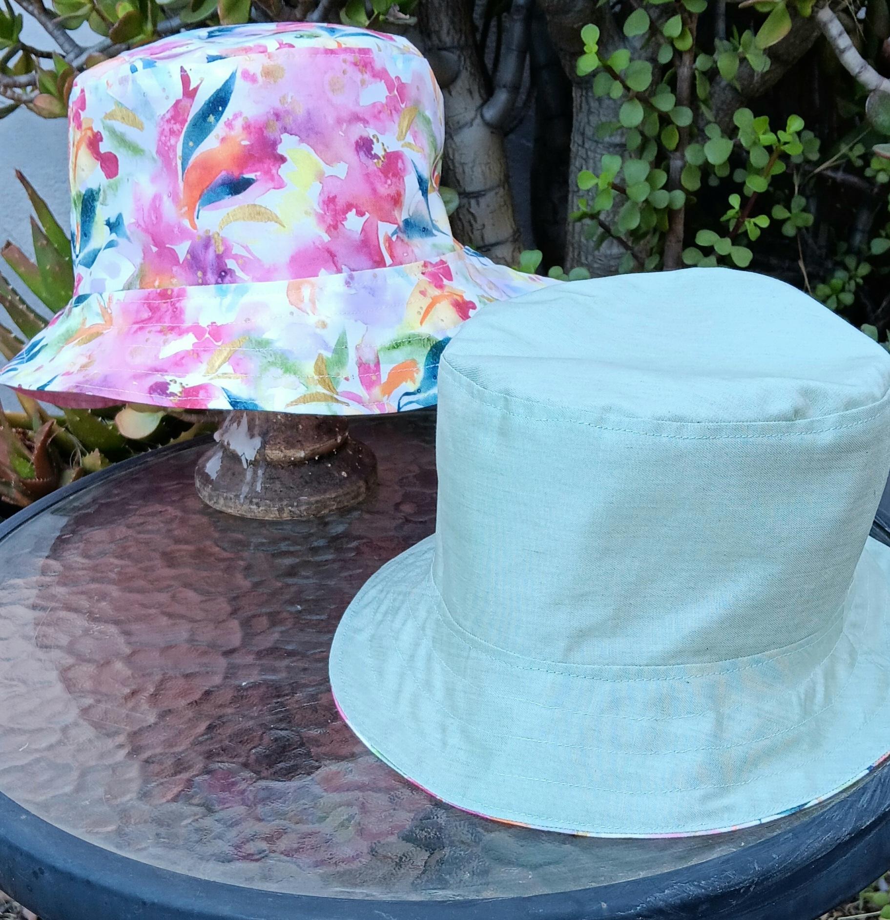 Watercolor Floral Bucket Hat,  Reverses to Pink or Green, Tropical Print Floppy hat, Sun Hat, Beach Hat