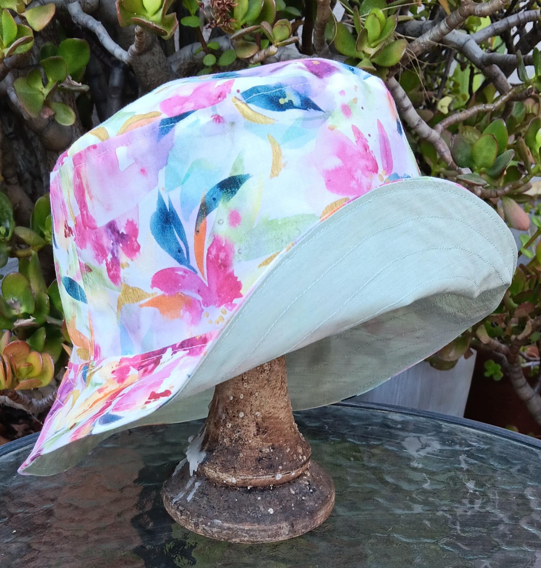 Watercolor Floral Bucket Hat,  Reverses to Pink or Green, Tropical Print Floppy hat, Sun Hat, Beach Hat