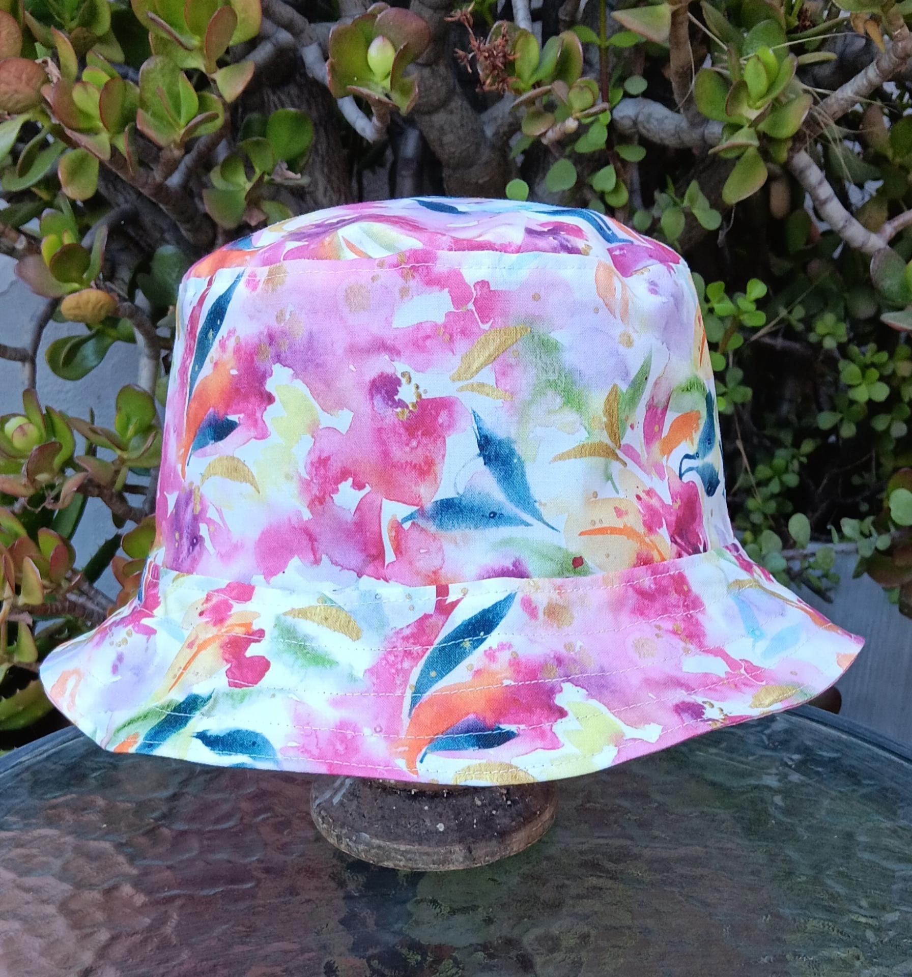 Watercolor Floral Bucket Hat,  Reverses to Pink or Green, Tropical Print Floppy hat, Sun Hat, Beach Hat