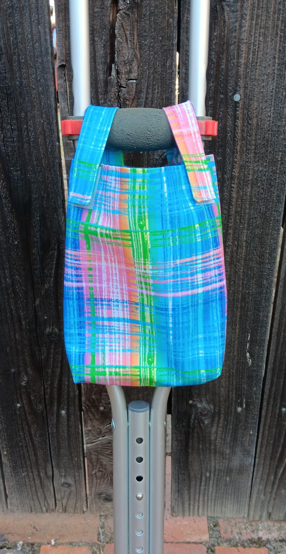 Simple small basic bag for crutch, walker, stroller, scooter handlebars, bed rail, caddy, hook and loop, bright plaid, blue pink green orange