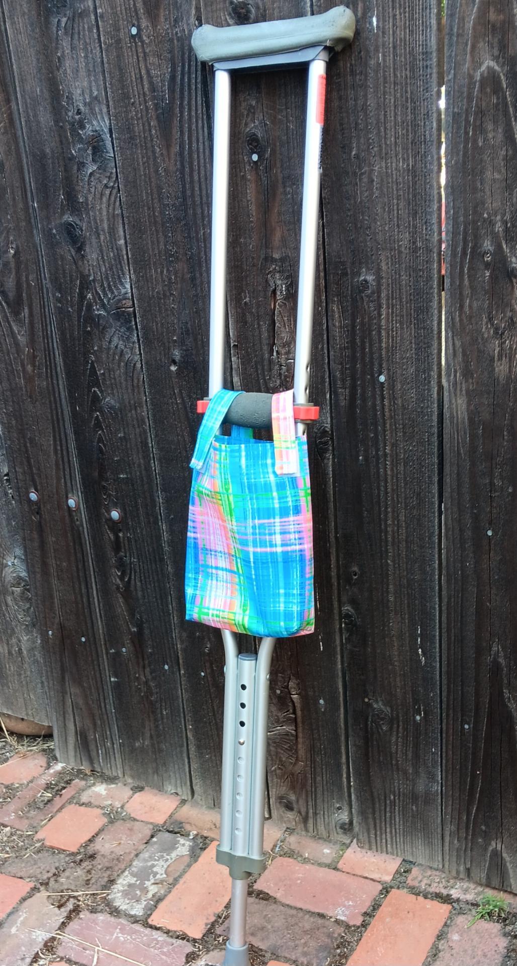 Simple small basic bag for crutch, walker, stroller, scooter handlebars, bed rail, caddy, hook and loop, bright plaid, blue pink green orange