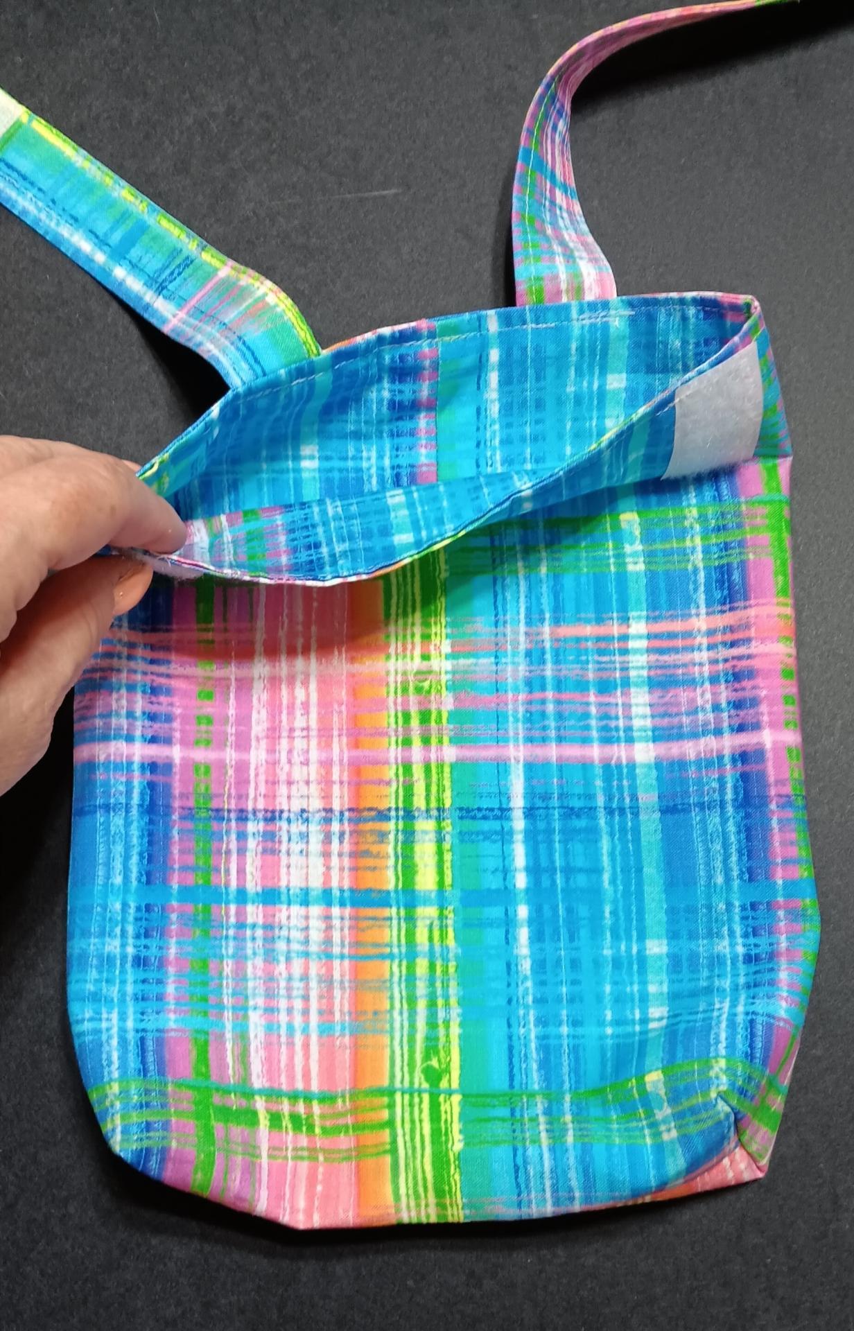 Simple small basic bag for crutch, walker, stroller, scooter handlebars, bed rail, caddy, hook and loop, bright plaid, blue pink green orange