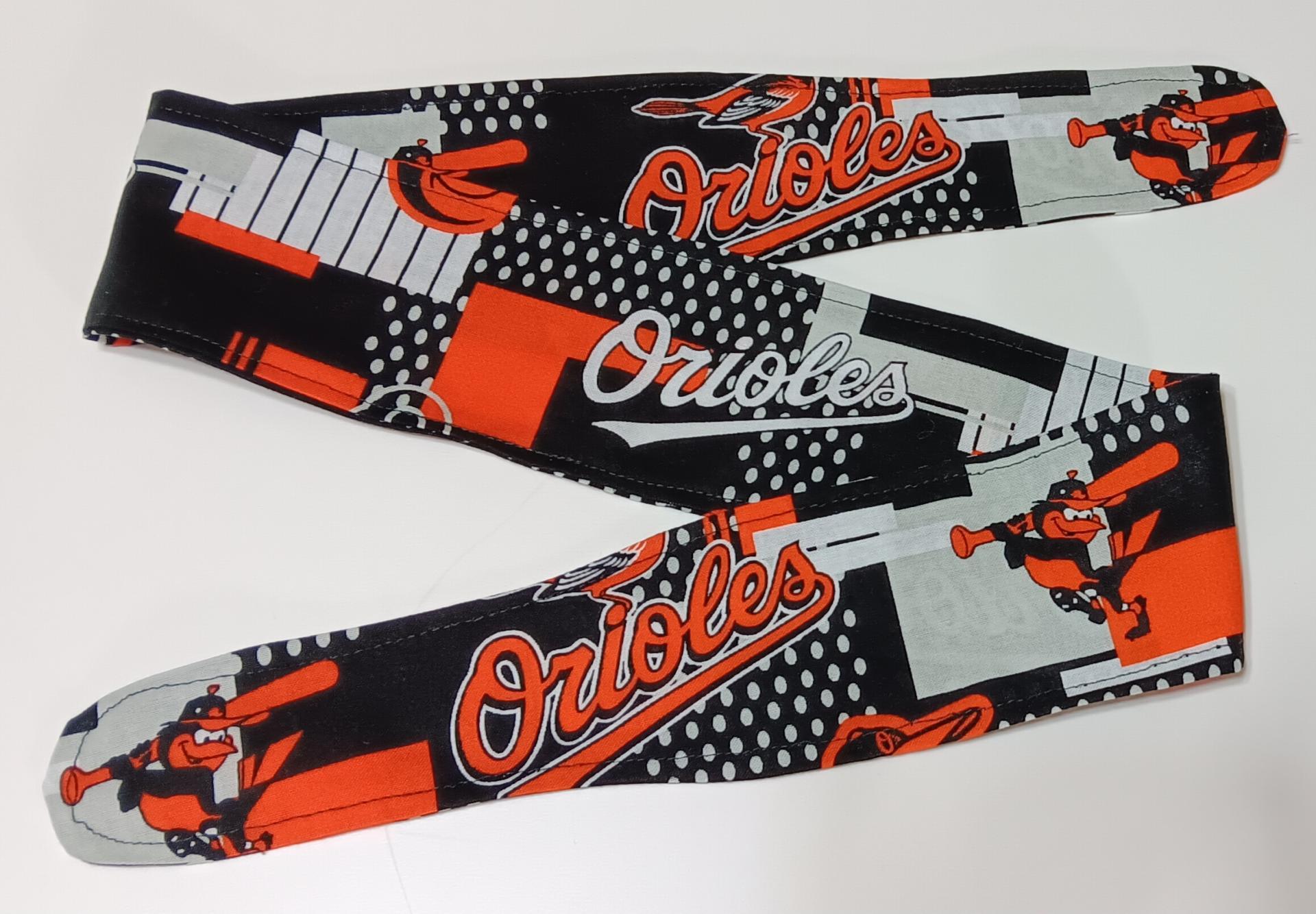 3” wide Baltimore Orioles self tie fabric headband, black, white & orange modern print, hair tie, hair wrap, pin up style, scarf, rockabilly style, handmade