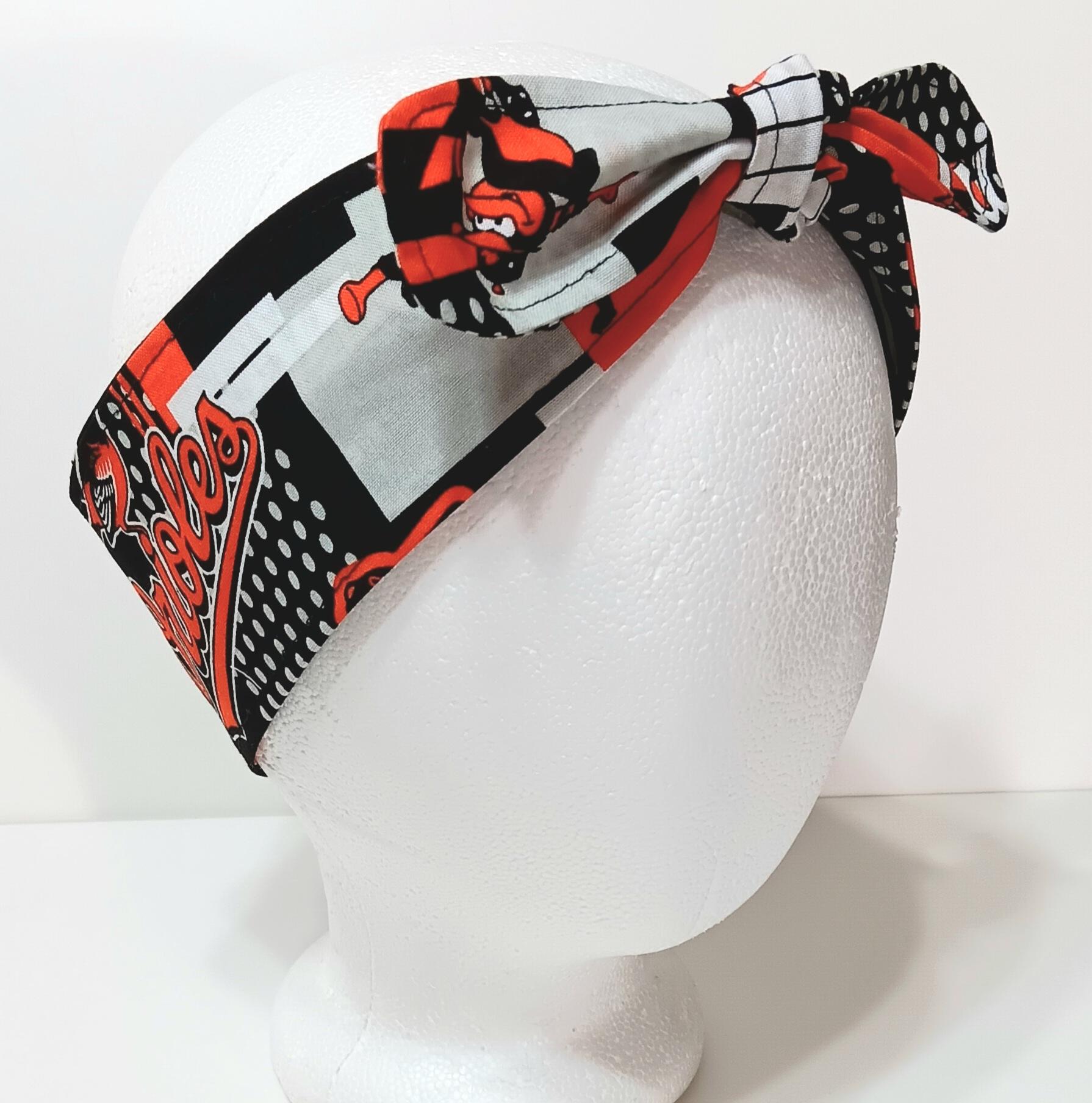 3” wide Baltimore Orioles self tie fabric headband, black, white & orange modern print, hair tie, hair wrap, pin up style, scarf, rockabilly style, handmade