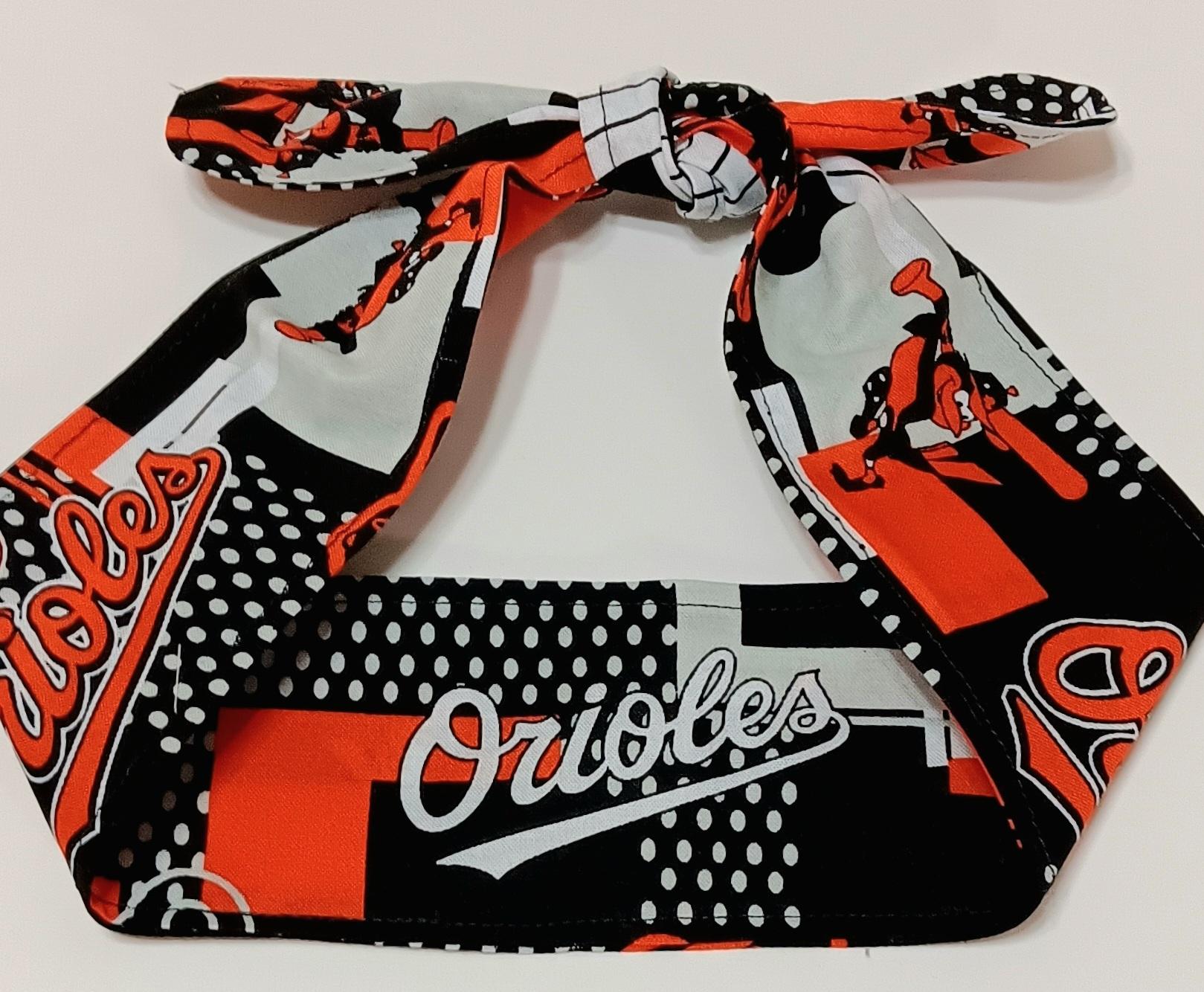 3” wide Baltimore Orioles self tie fabric headband, black, white & orange modern print, hair tie, hair wrap, pin up style, scarf, rockabilly style, handmade