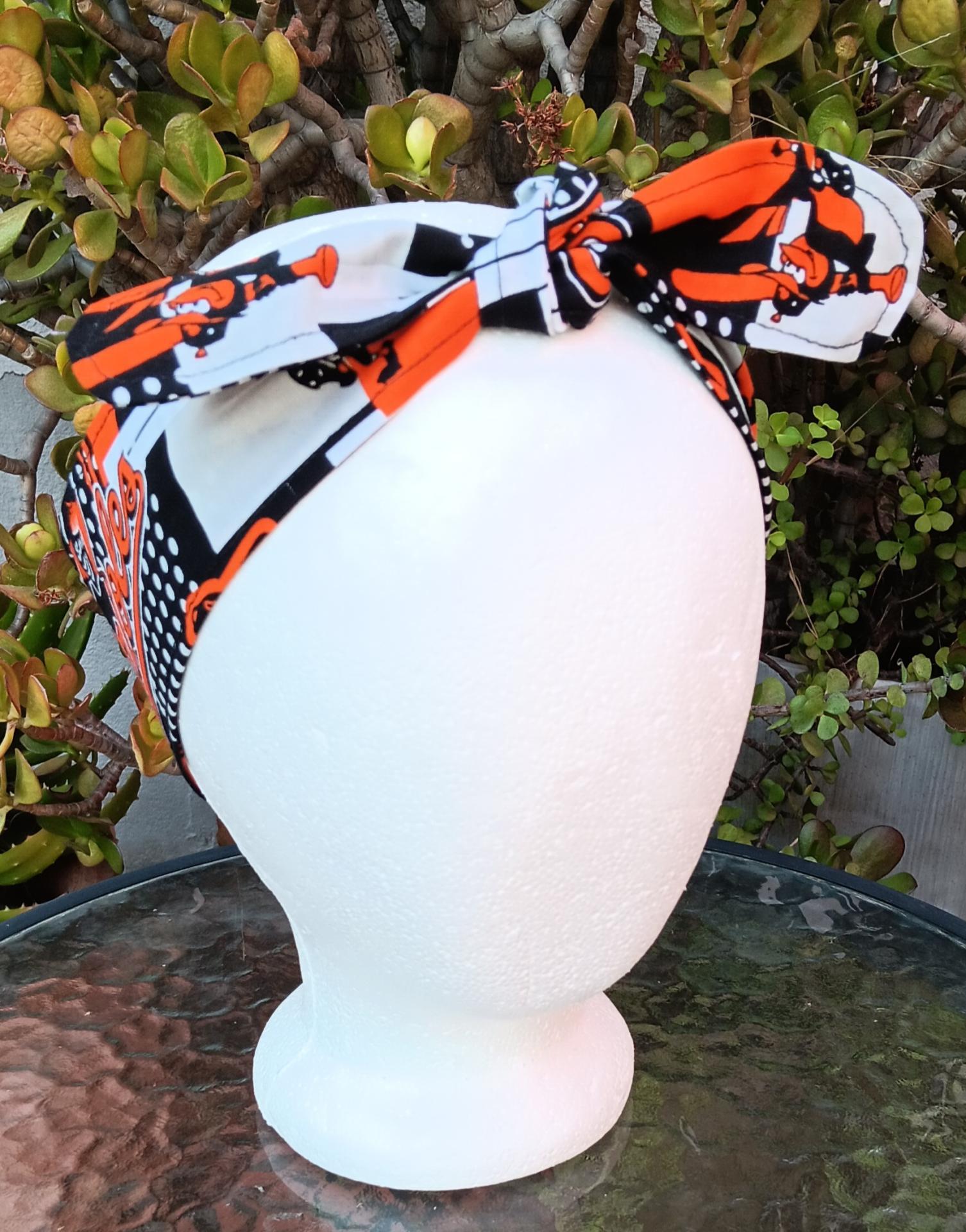3” wide Baltimore Orioles self tie fabric headband, black, white & orange modern print, hair tie, hair wrap, pin up style, scarf, rockabilly style, handmade