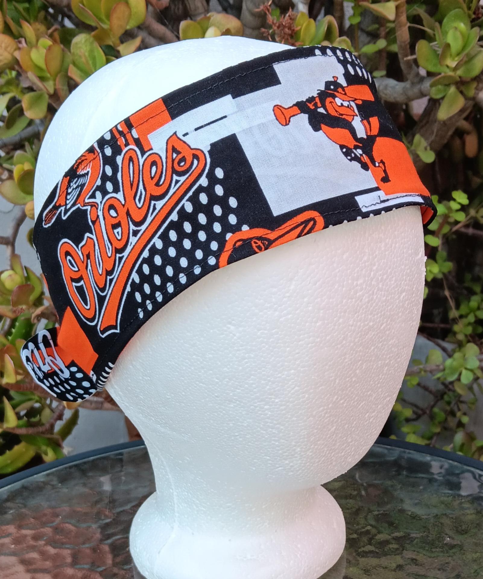 3” wide Baltimore Orioles self tie fabric headband, black, white & orange modern print, hair tie, hair wrap, pin up style, scarf, rockabilly style, handmade