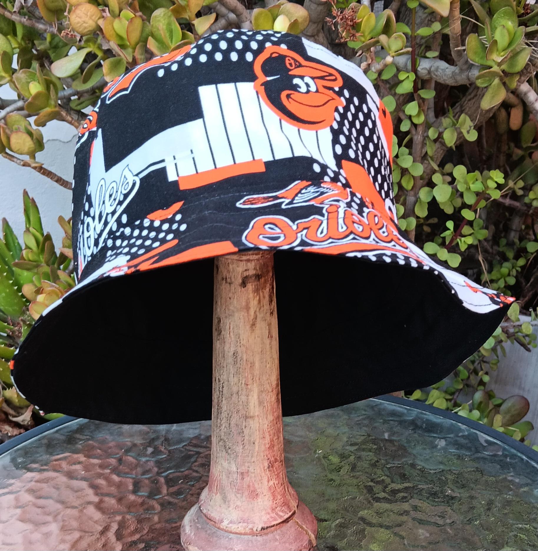Baltimore Orioles Bucket Hat, Reversible to Black, Sizes S-XXL, Cotton, Handmade, fishing hat, sun hat, floppy hat, ponytail hat