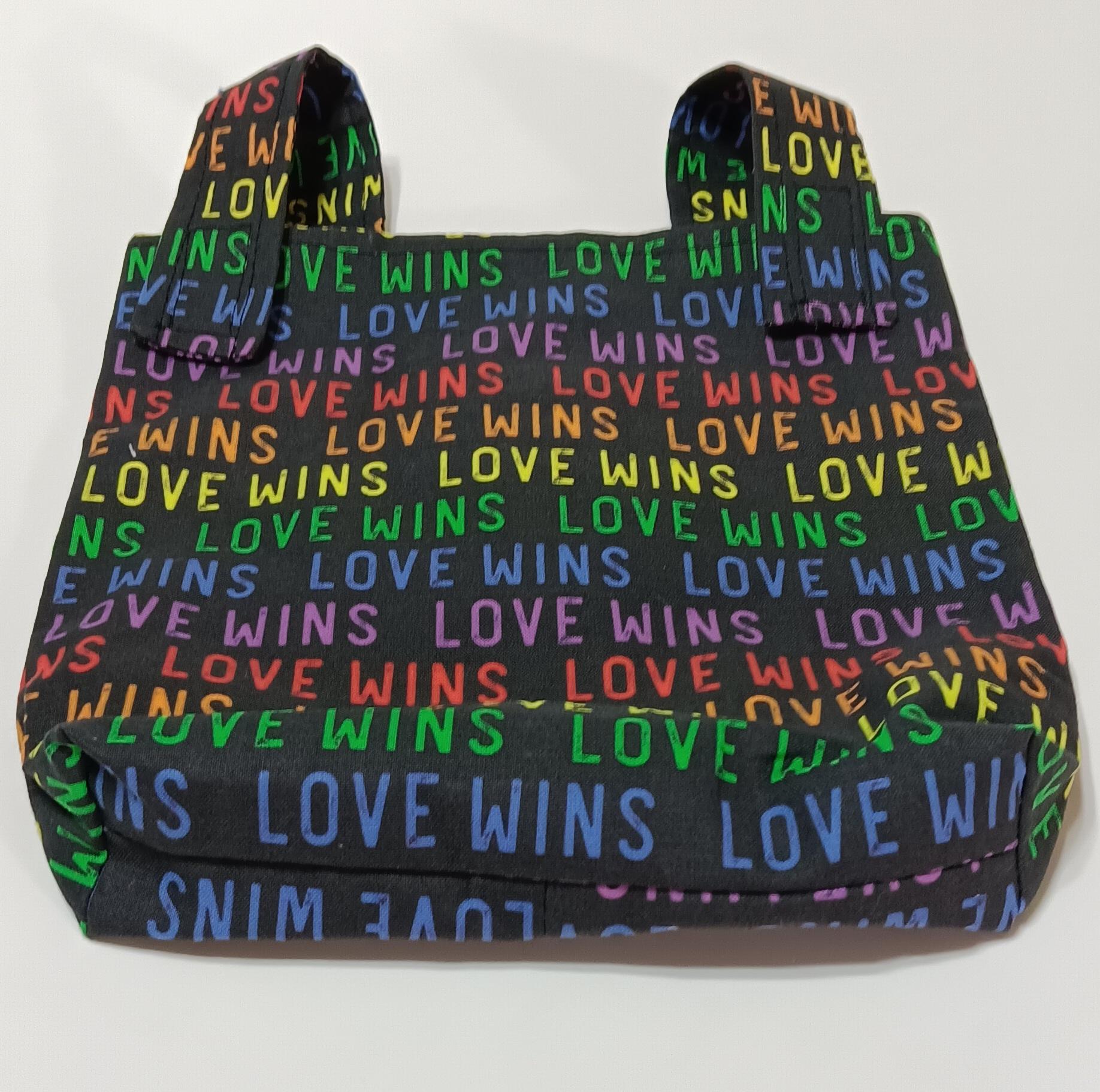 Simple small basic Love Wins bag for crutch, walker, stroller, scooter handlebars, caddy, hook and loop, rainbow & black