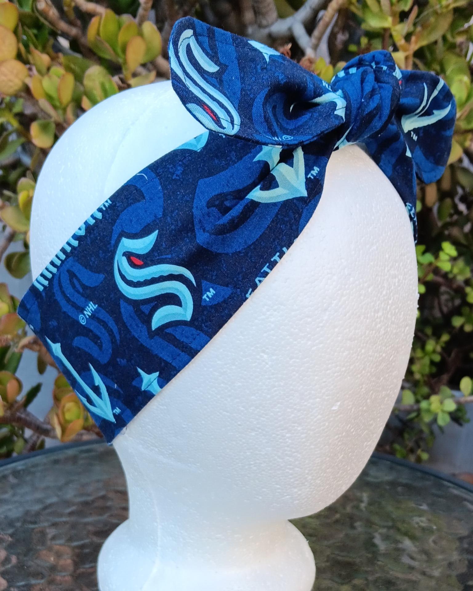 3” Wide Seattle Kraken Headband, handmade, hair wrap, pin up, hair tie, neck scarf, retro style, rockabilly