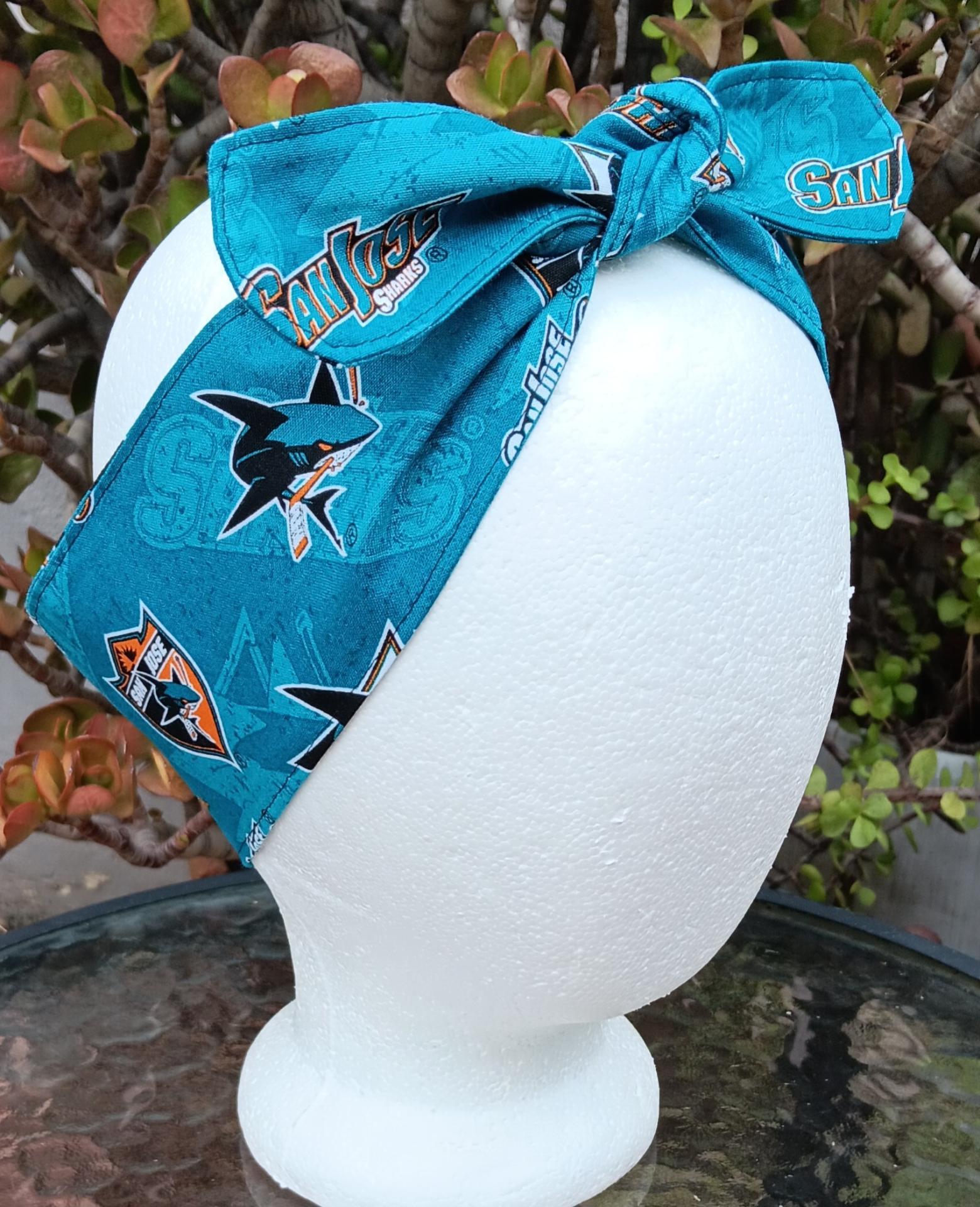 3” wide San Jose SJ Sharks hair tie, hair wrap, headband, head wrap, pin up, self tie, scarf, retro, rockabilly, handmade