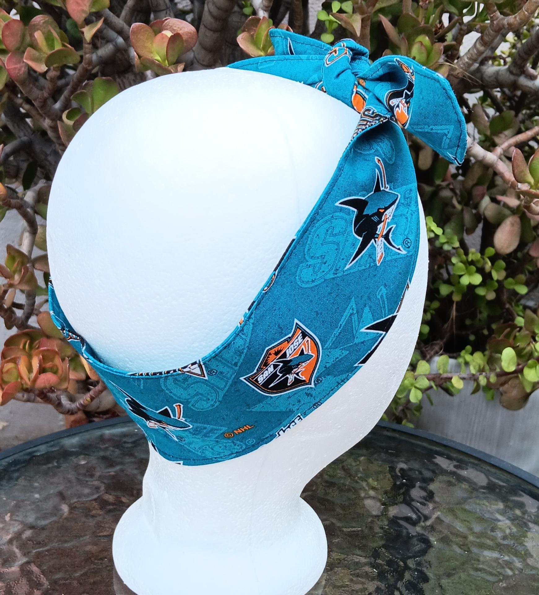 3” wide San Jose SJ Sharks hair tie, hair wrap, headband, head wrap, pin up, self tie, scarf, retro, rockabilly, handmade