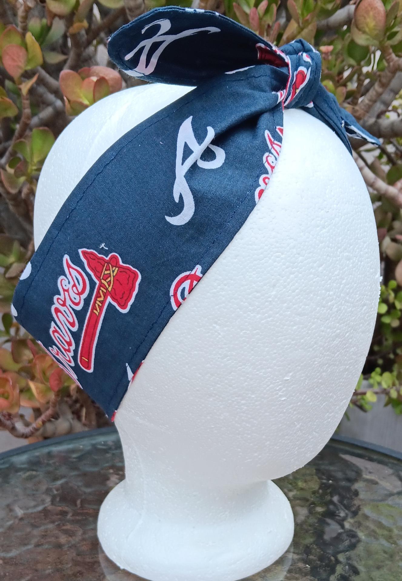 3” wide Atlanta Braves self tie fabric headband, hair tie, hair wrap, pin up style, scarf, rockabilly style, handmade