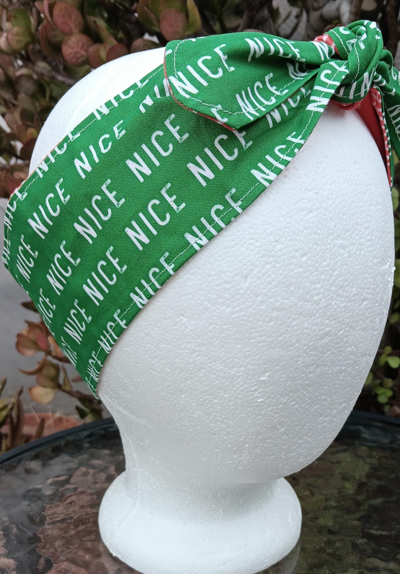 3” Wide Christmas Headband, Naughty or Nice, Reversible, hair tie, hair wrap, pin up style, stocking stuffer