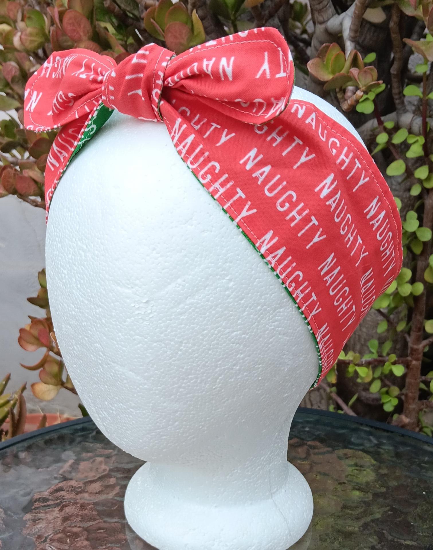 3” Wide Christmas Headband, Naughty or Nice, Reversible, hair tie, hair wrap, pin up style, stocking stuffer