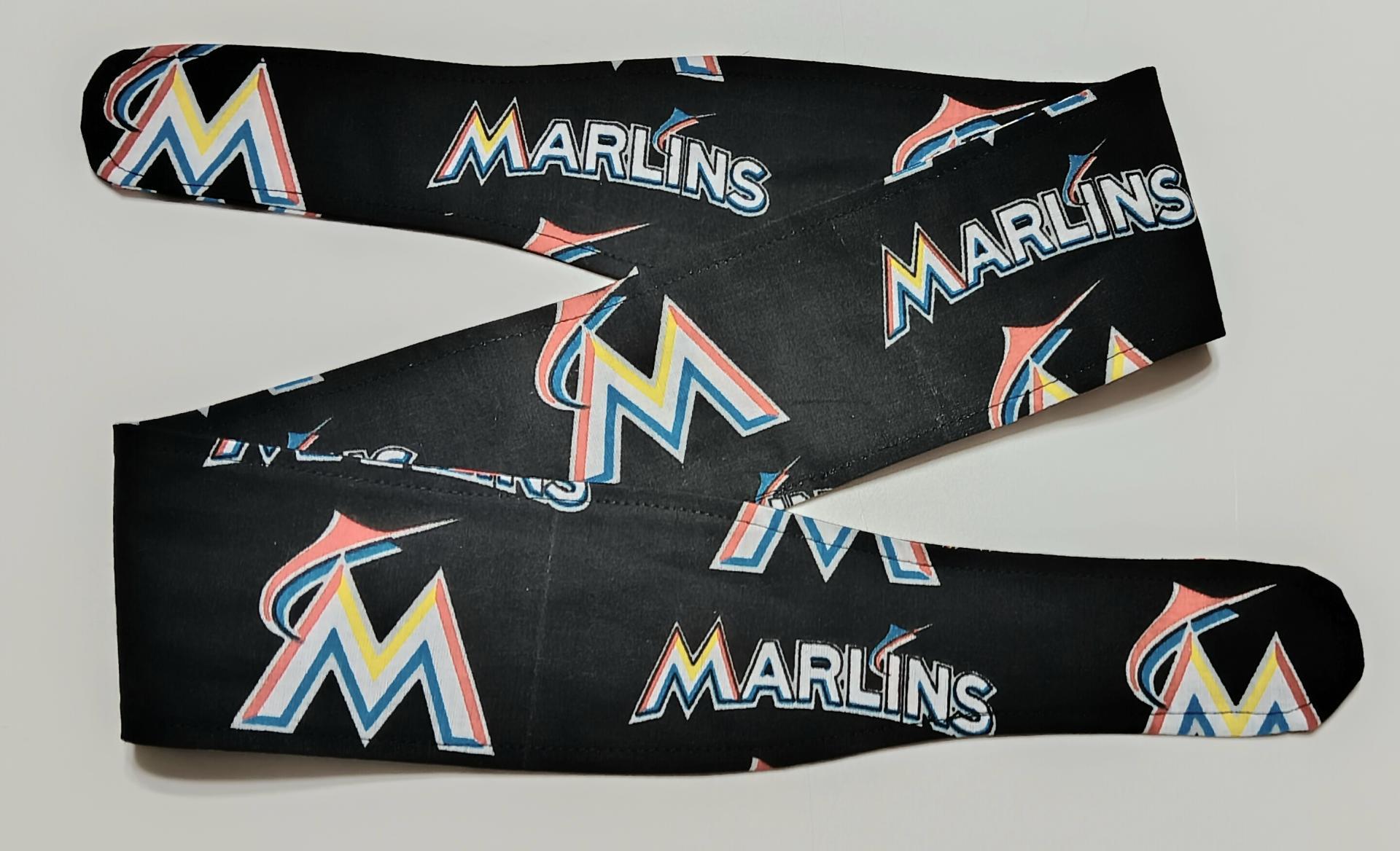 3” wide Miami Marlins self tie fabric headband, multicolor rainbow M logo, hair tie, hair wrap, pin up style, scarf, handmade