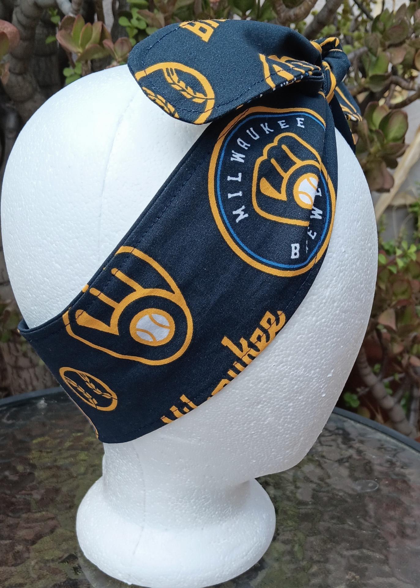 3” Wide Milwaukee Brewers Headband, hair wrap, pin up, hair tie, top knot, retro style hair accessory, scarf, rockabilly, handmade 