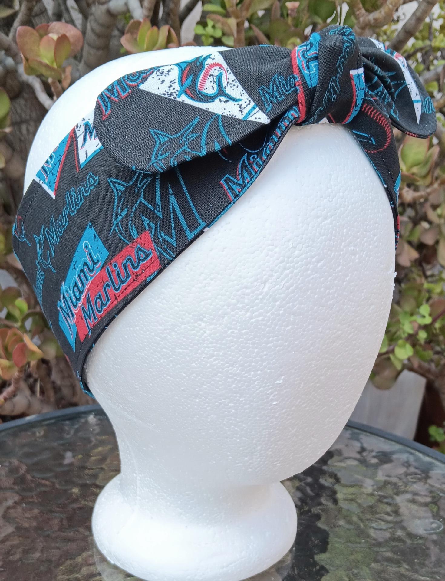 3” wide Miami Marlins self tie fabric headband, black/blue/red/white, hair tie, hair wrap, pin up style, scarf, handmade