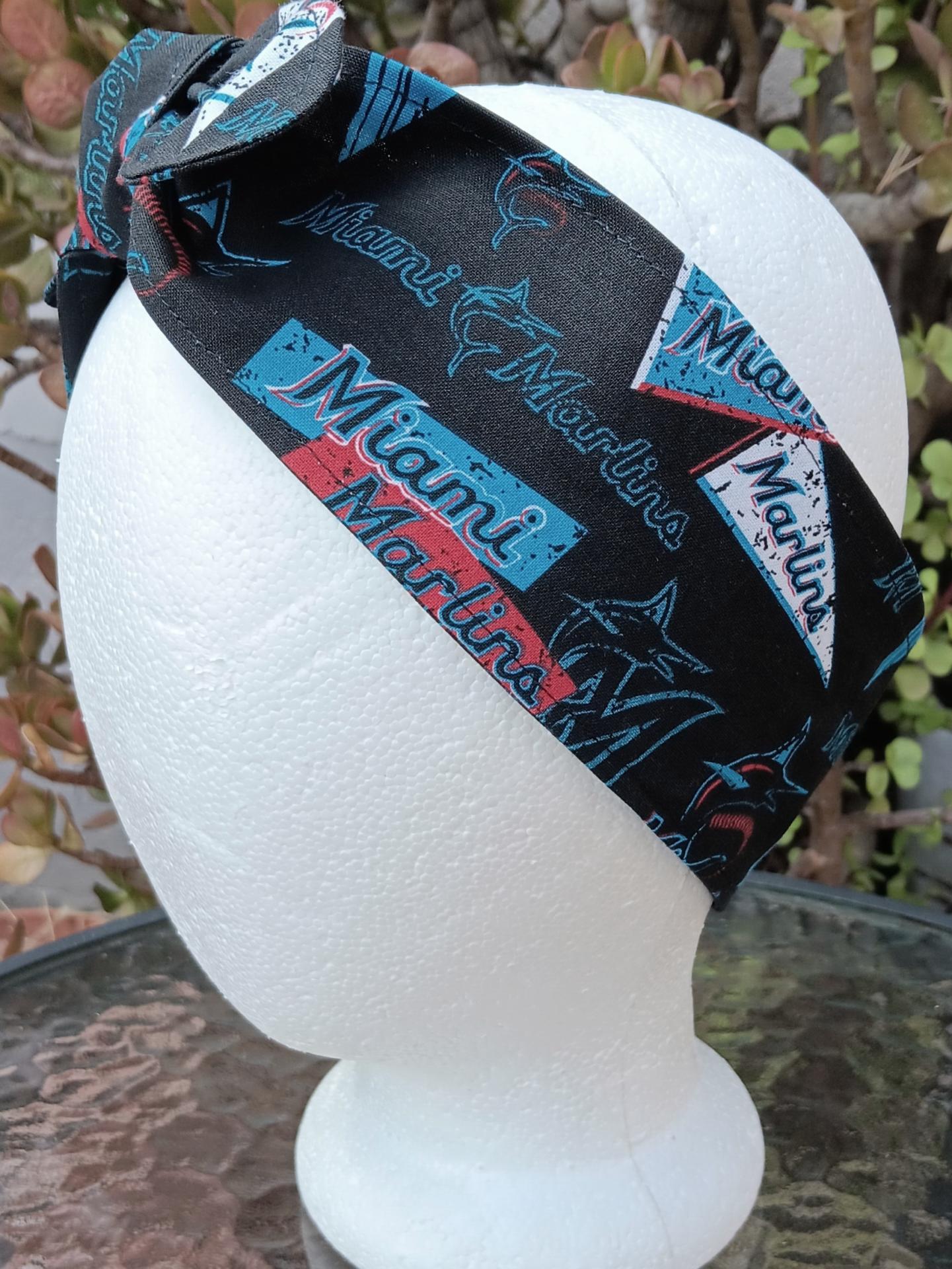 3” wide Miami Marlins self tie fabric headband, black/blue/red/white, hair tie, hair wrap, pin up style, scarf, handmade