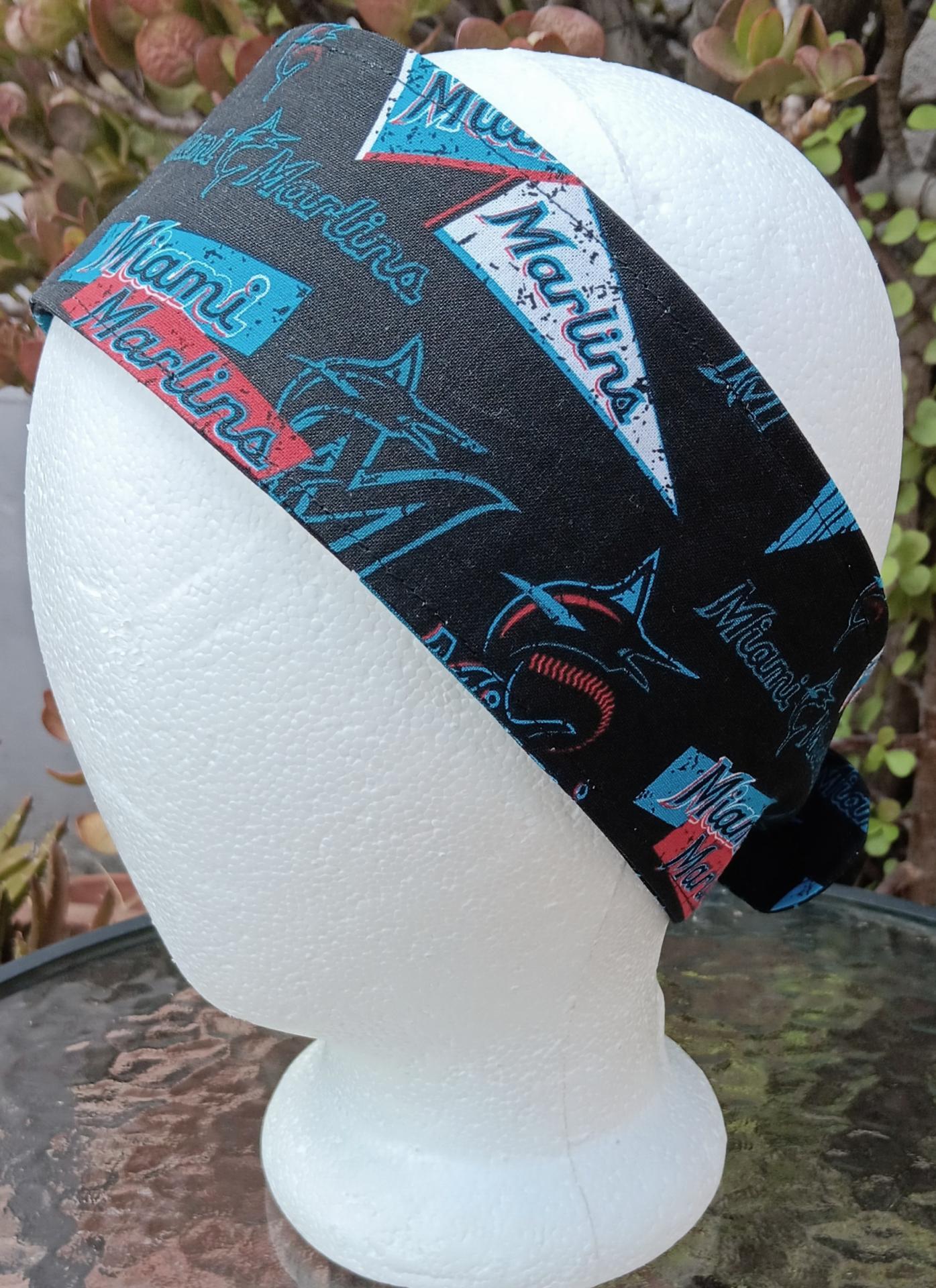 3” wide Miami Marlins self tie fabric headband, black/blue/red/white, hair tie, hair wrap, pin up style, self tie, scarf, rockabilly style, handmade