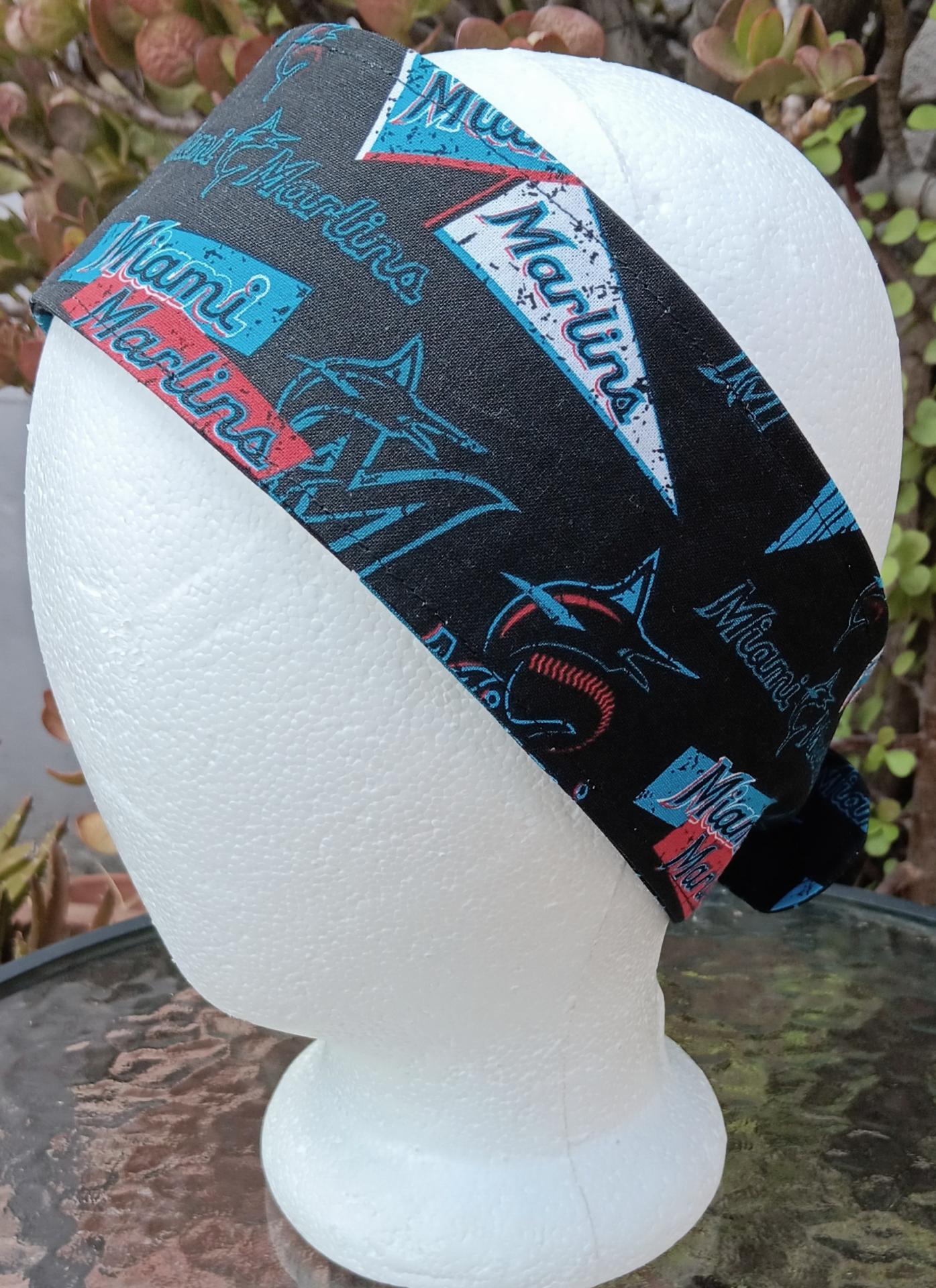 3” wide Miami Marlins self tie fabric headband, black/blue/red/white, hair tie, hair wrap, pin up style, scarf, handmade