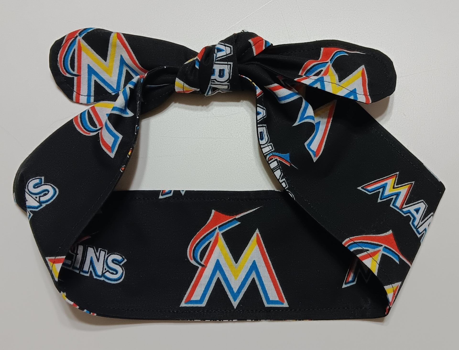 3” wide Miami Marlins self tie fabric headband, multicolor rainbow M logo, hair tie, hair wrap, pin up style, scarf, handmade