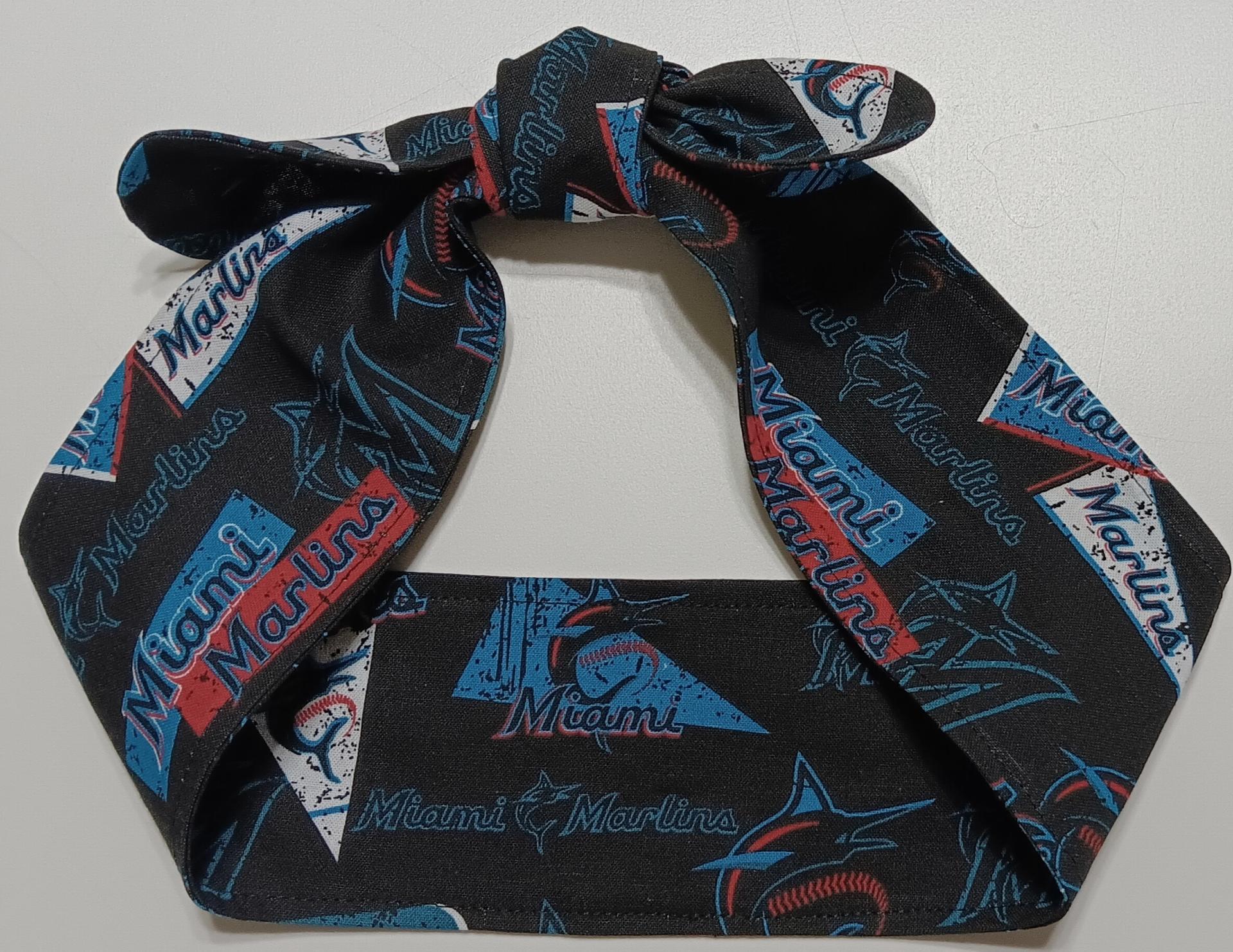 3” wide Miami Marlins self tie fabric headband, black/blue/red/white, hair tie, hair wrap, pin up style, scarf, handmade