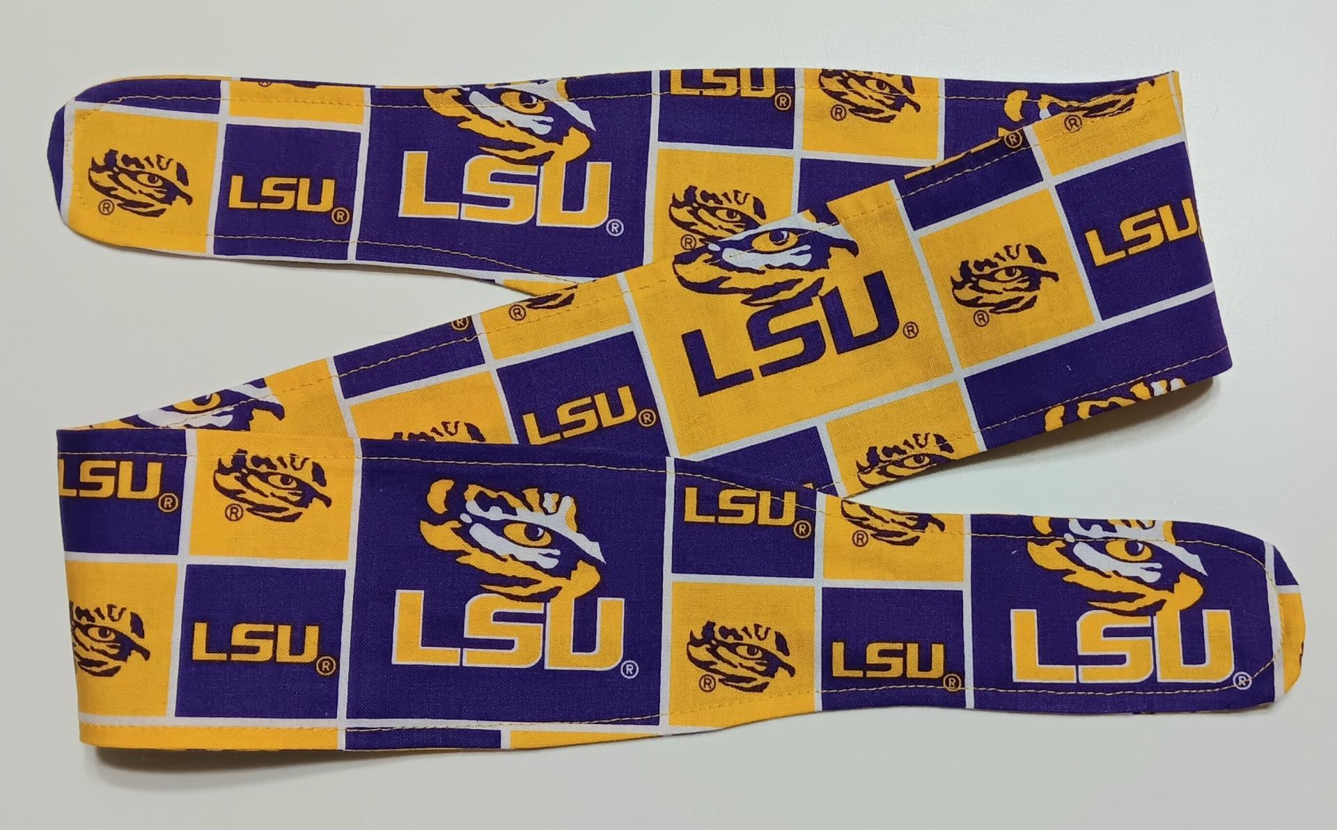 3” Wide Headband Made from LSU Licensed Fabric, self tie, hair wrap, pin up style, hair tie, scarf, retro, bandana, Louisiana