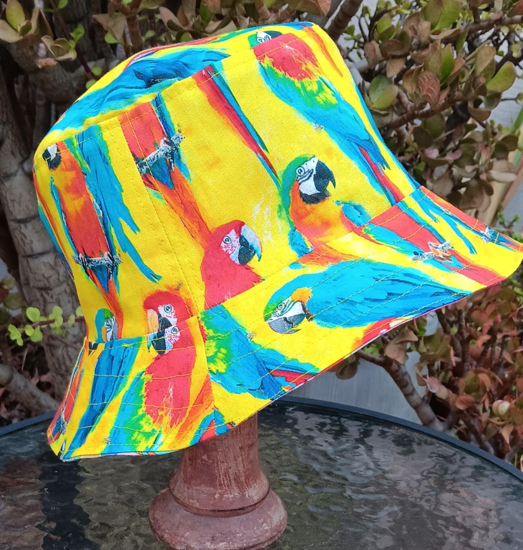 Parrots Macaws Bucket Hat, Sun Hat, Floppy Hat, Tropical Hat, Summer Hat, Ponytail, Bright Yellow