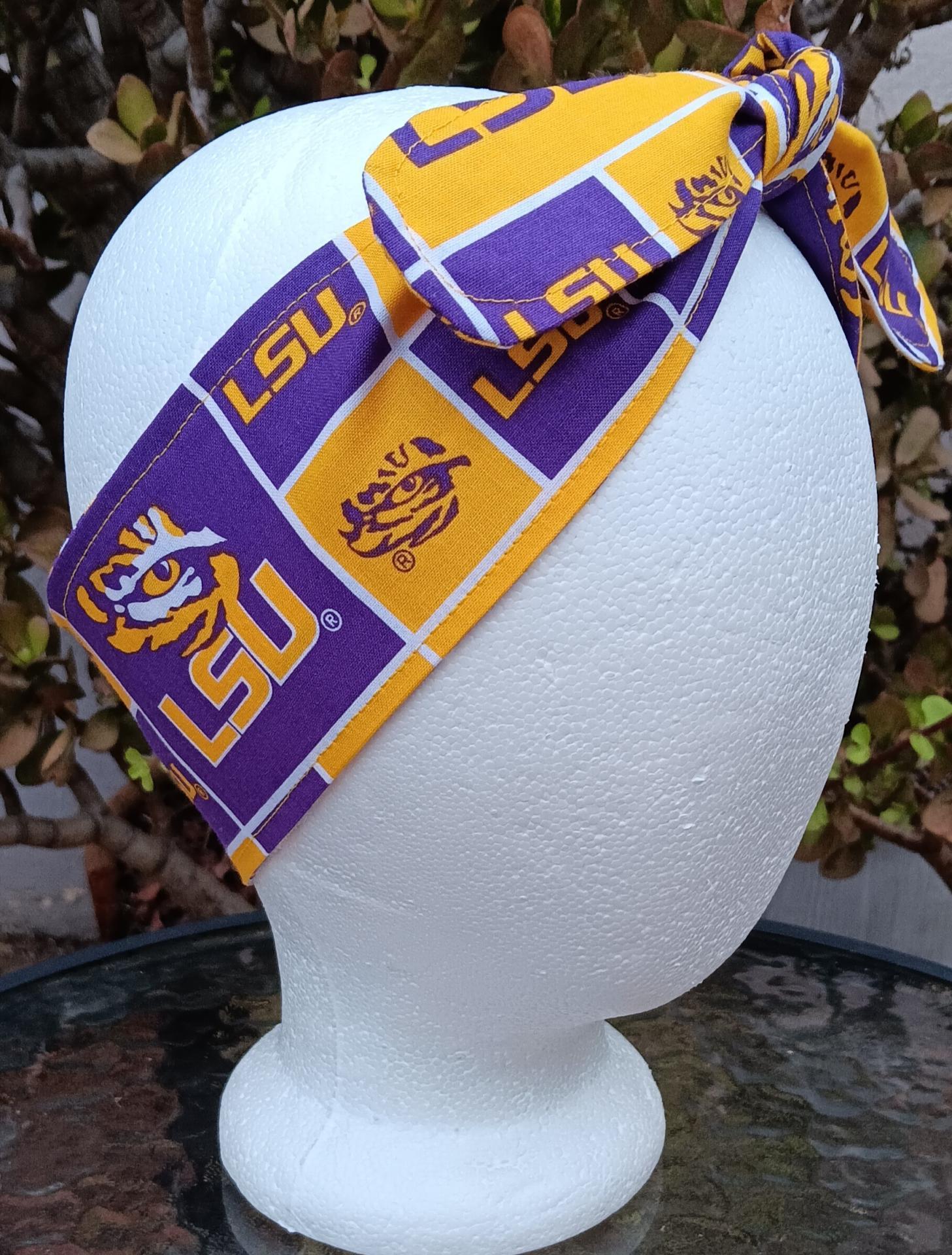 3” Wide Headband Made from LSU Licensed Fabric, self tie, hair wrap, pin up style, hair tie, scarf, retro, bandana, Louisiana